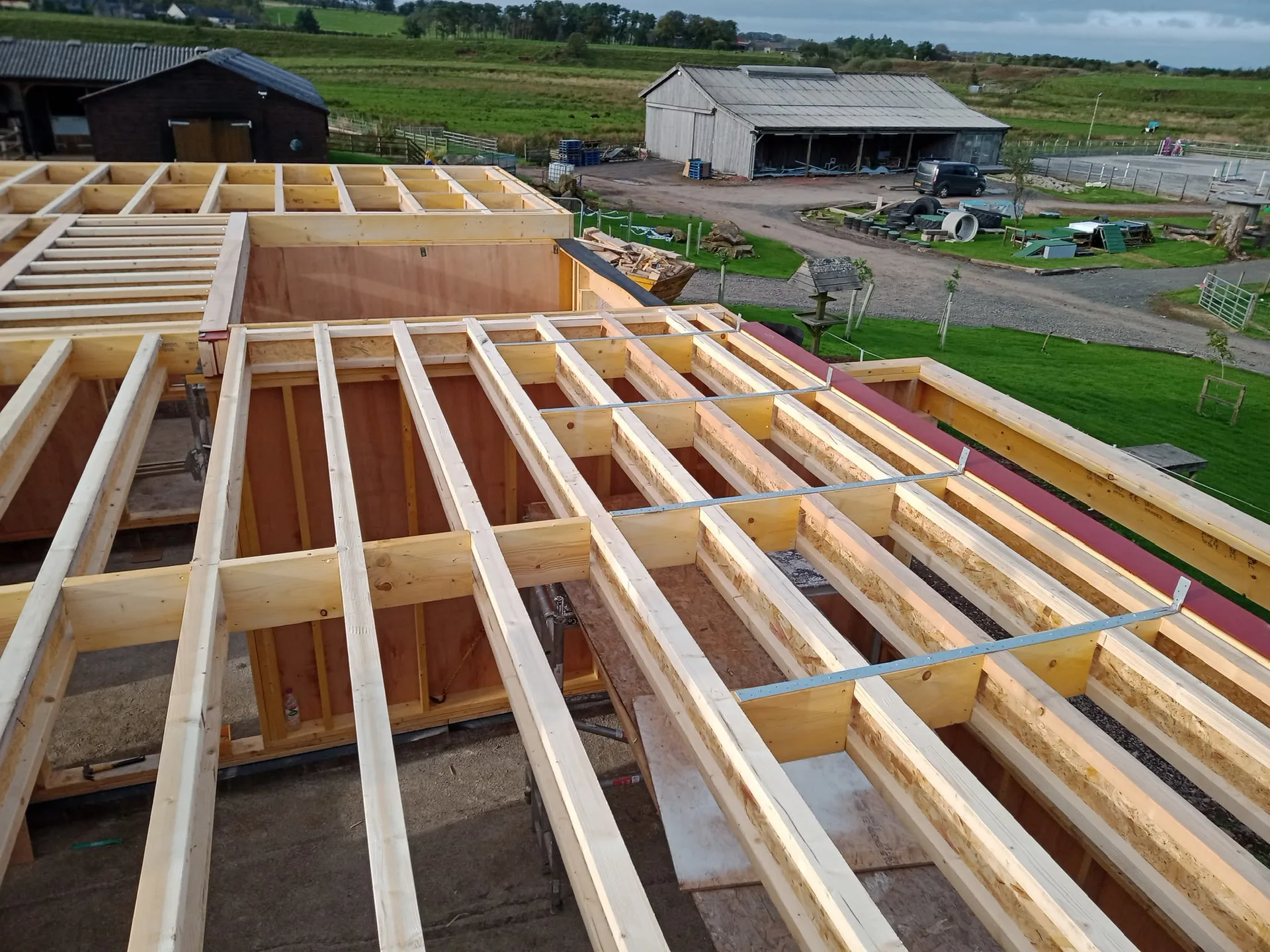 Wooden roof framing during building construction