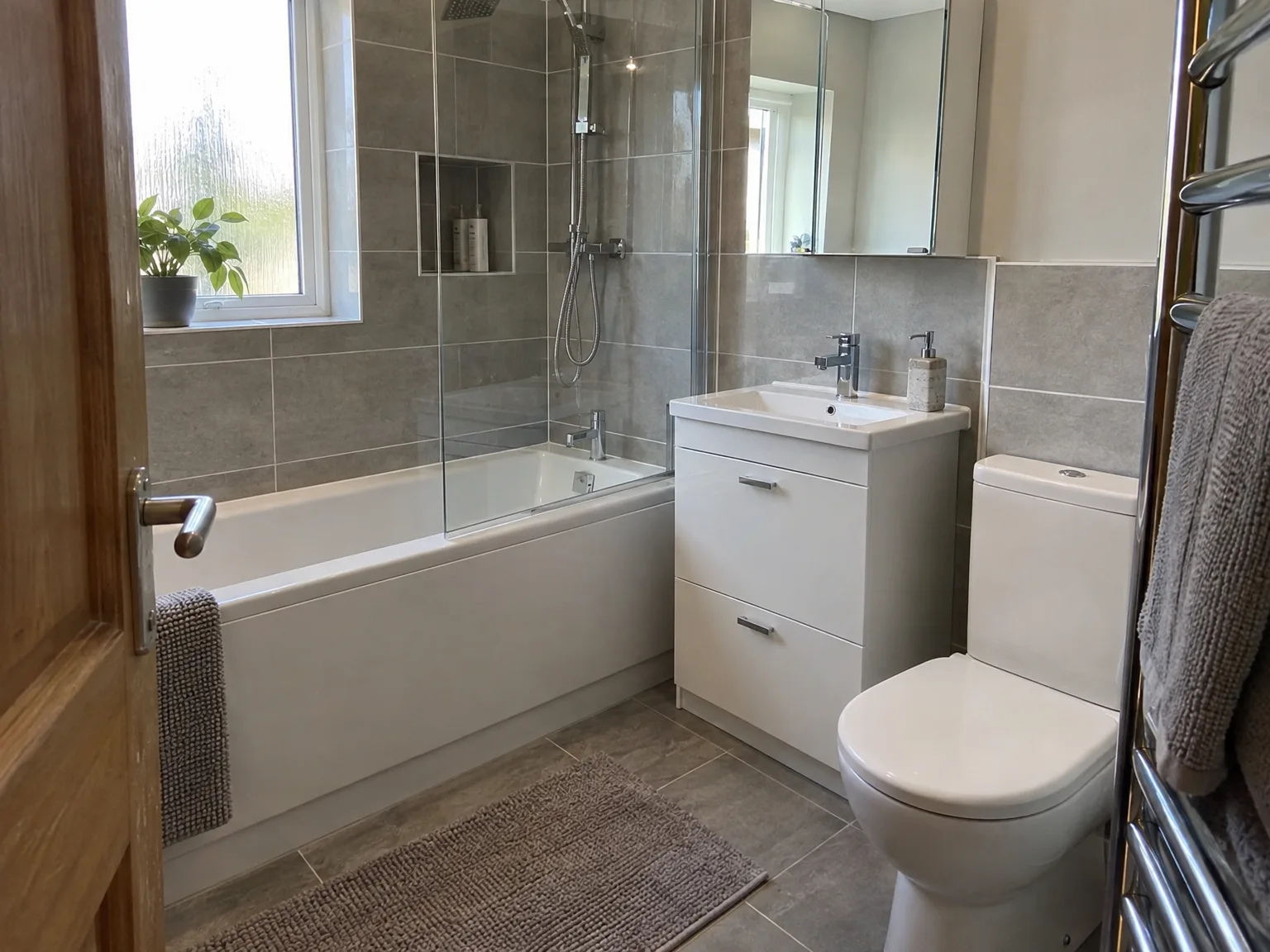 Modern bathroom fitting with white vanity unit, bathtub and glass shower enclosure