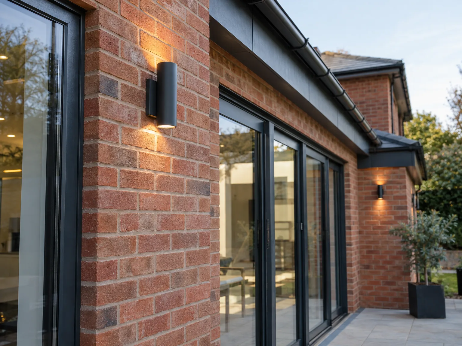Modern brick house extension with black-framed windows and contemporary wall lighting