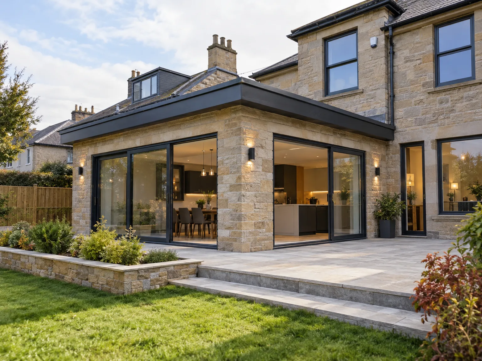 Modern stone house extension with black-framed bifold doors and spacious paved terrace
