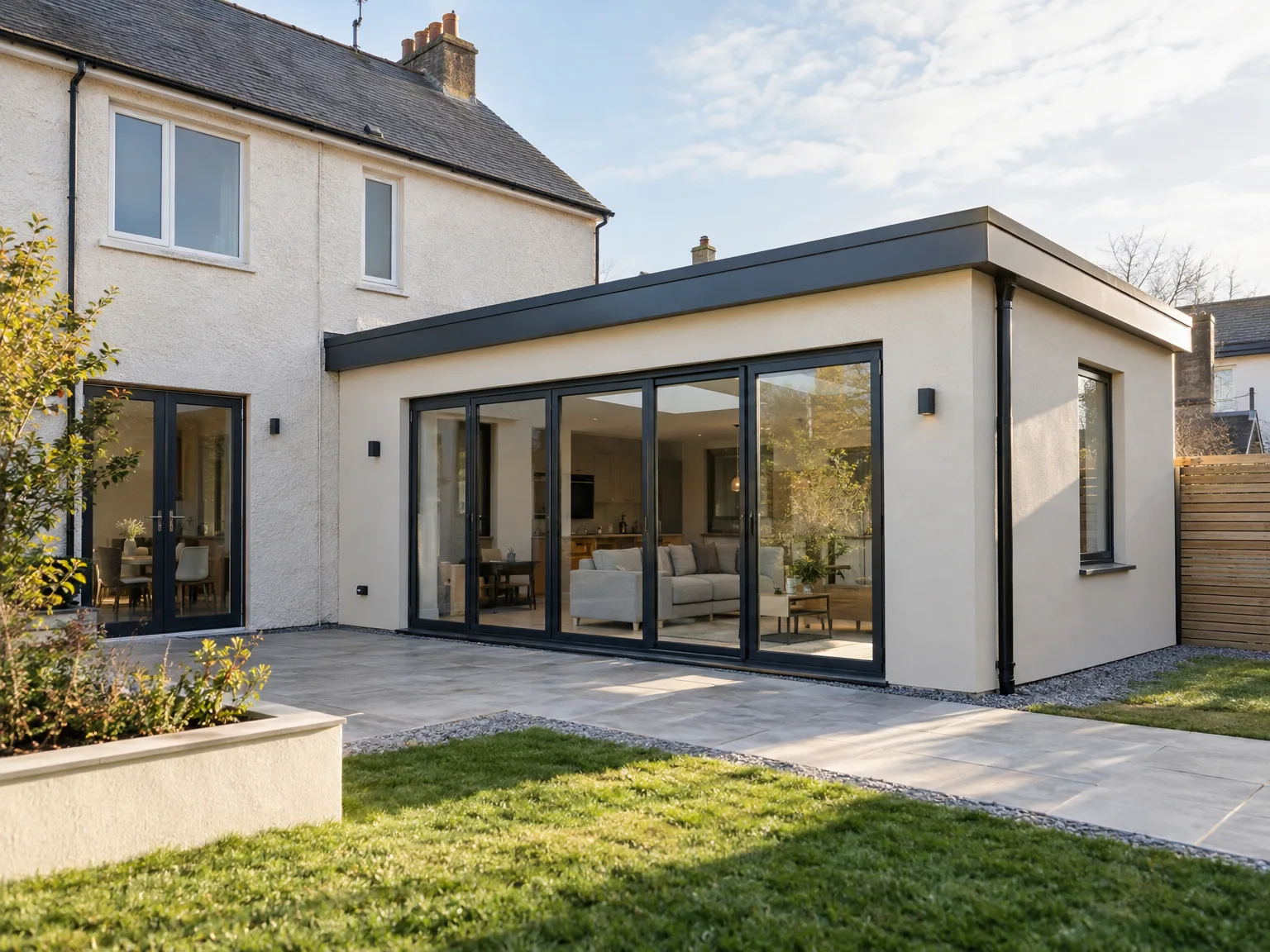 Modern house extension with full-width black-framed sliding glass doors and professional patio