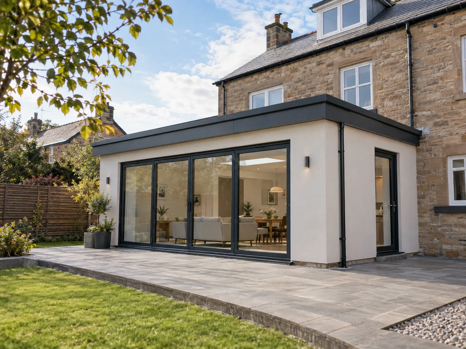 Contemporary house extension with white walls, extensive black-framed glazing and patio adjoining traditional stone cottage