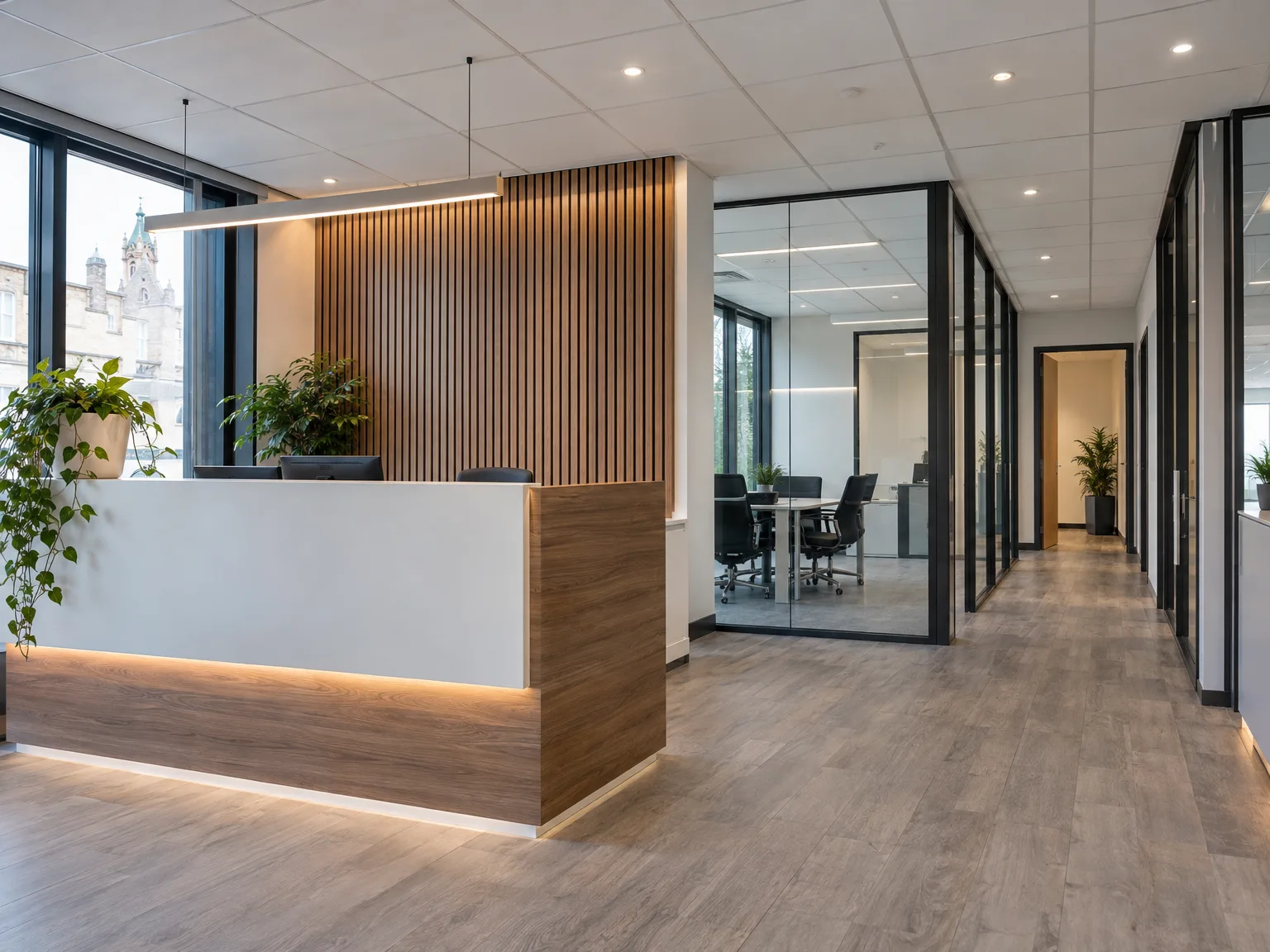 Modern office reception desk with wooden feature wall and vertical slat paneling, Commercial Fit Out