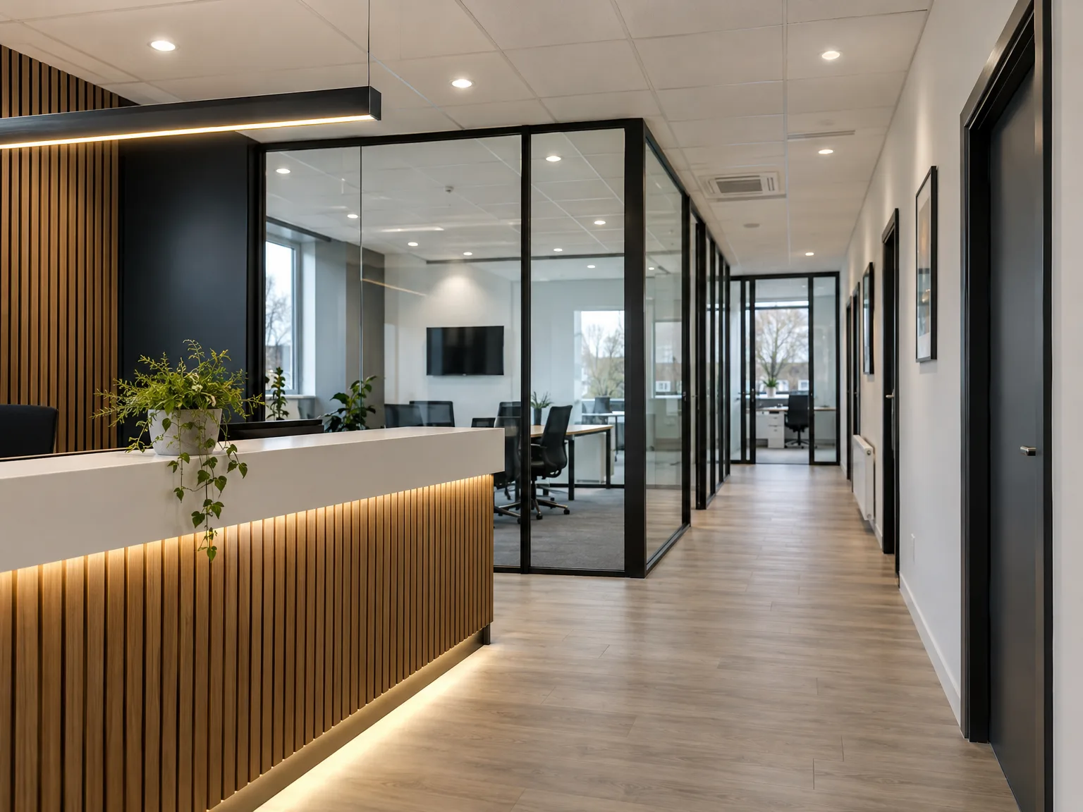 Modern office reception with vertical wood paneling and warm accent lighting