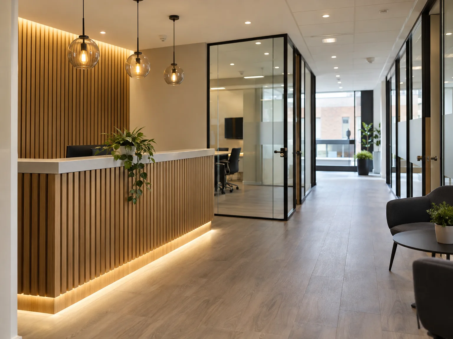 Modern office reception with wooden wall panelling, pendant lights, glass meeting rooms and timber flooring