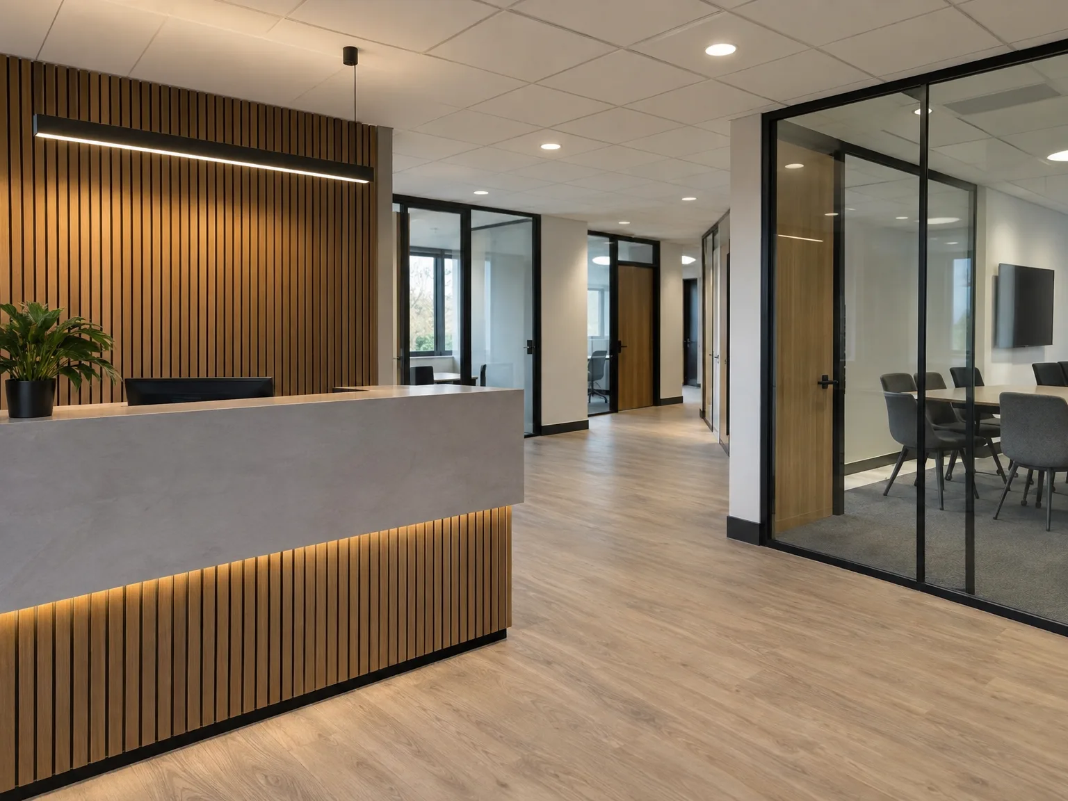 Bespoke wooden reception desk with ambient LED lighting in modern office interior