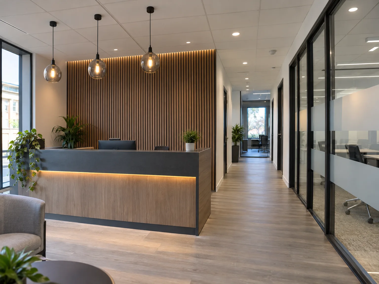 Modern commercial fit-out reception desk with wooden slat feature wall and glass pendant lighting