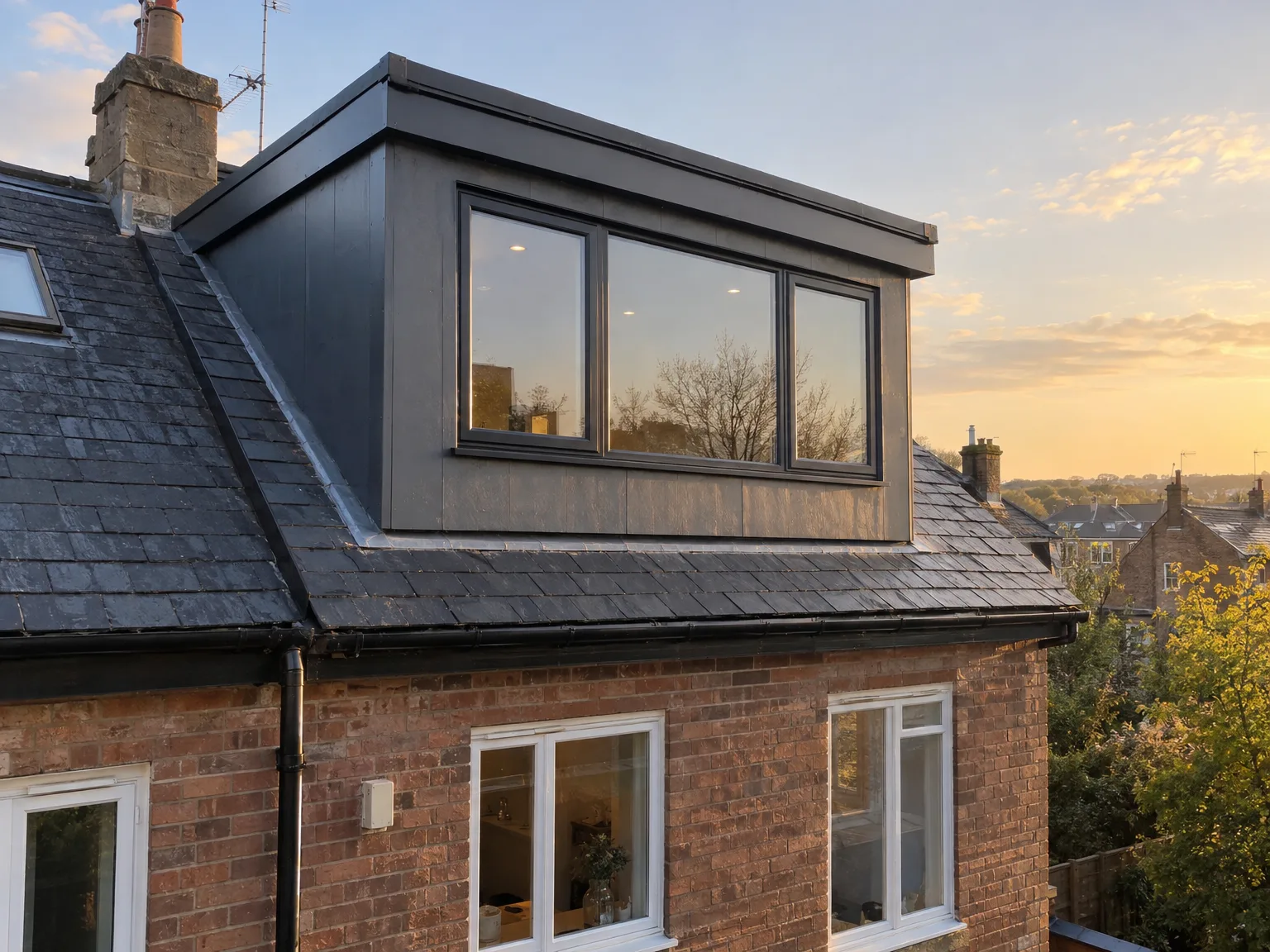Loft conversion with black-framed windows and modern cladding added to red brick property