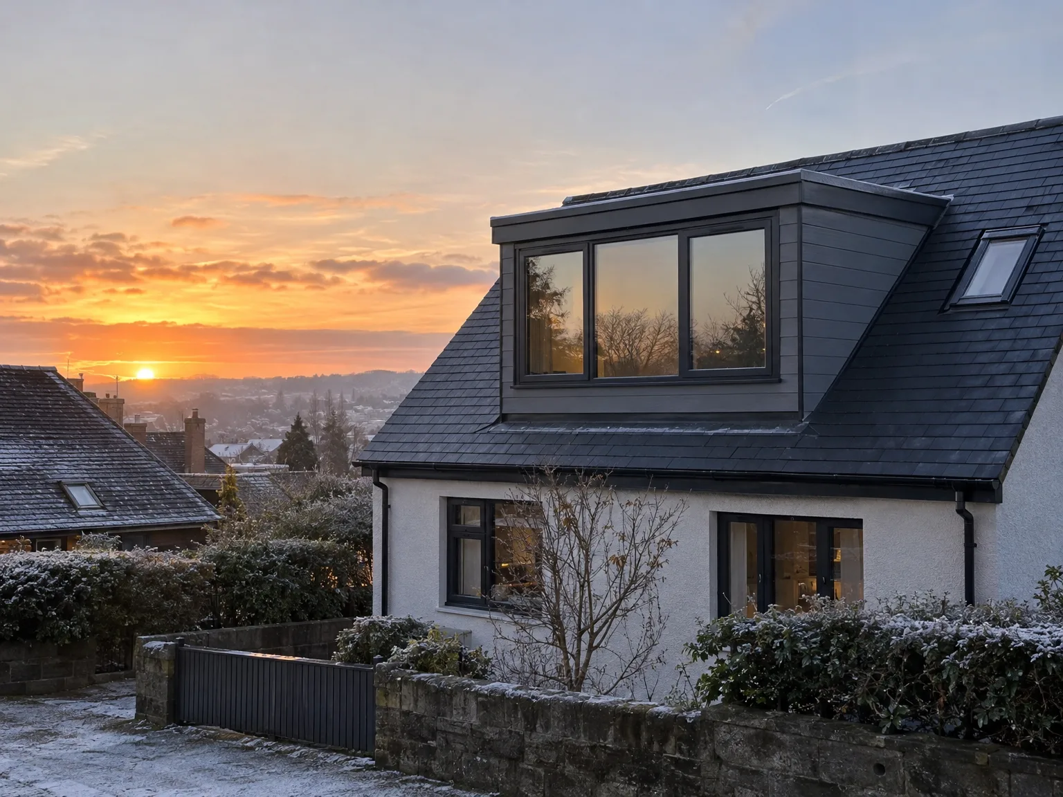 Contemporary rendered house with dormer loft conversion and expansive black-framed windows