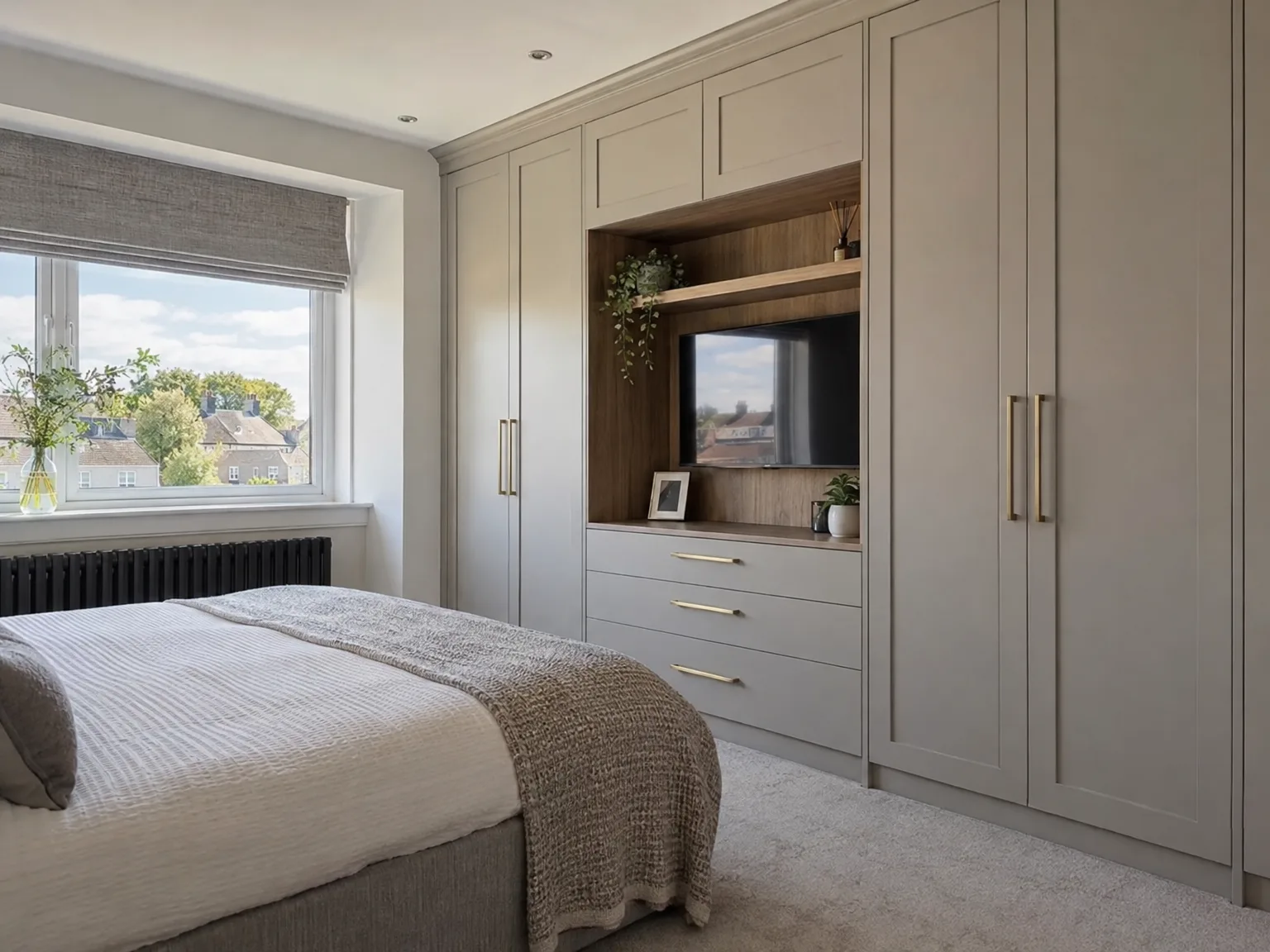 Luxury fitted bedroom with bespoke wooden shelving, grey wardrobe units, and bedroom storage solutions