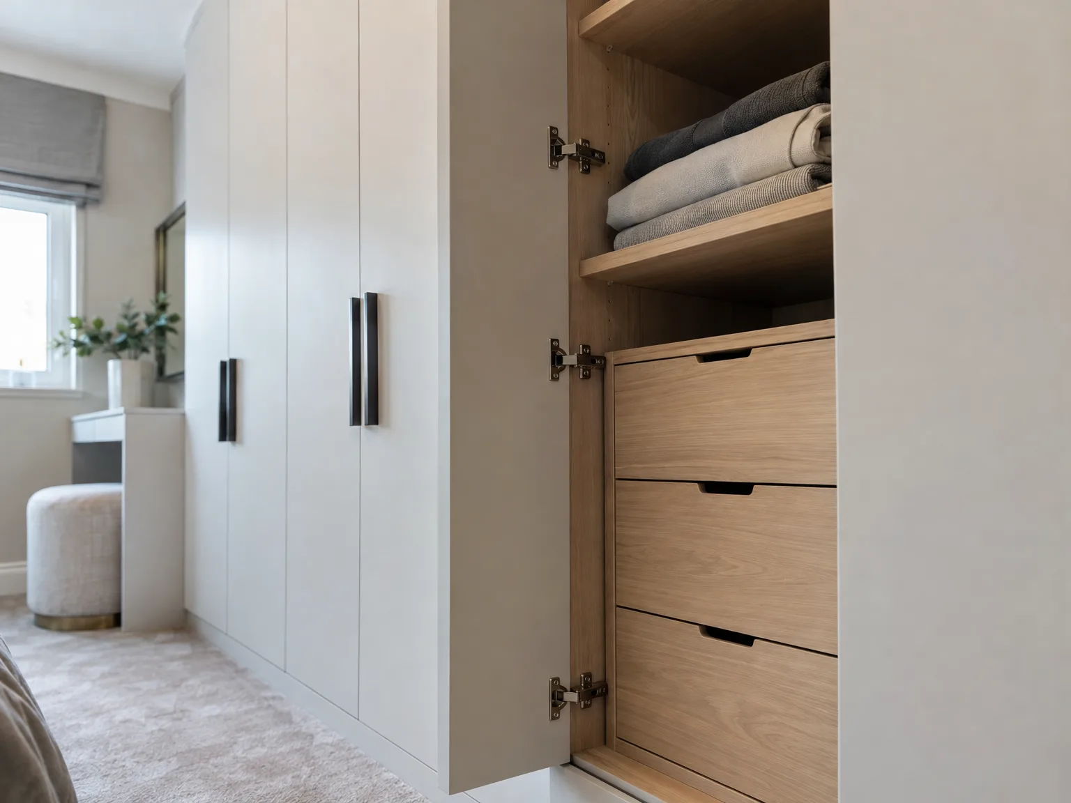 Bespoke fitted wardrobe with white upper cabinet doors and natural wood drawers displaying neatly folded textiles in soft tones
