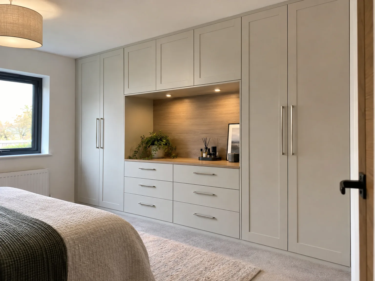Custom fitted wardrobe with cream cabinets, wooden countertop and ambient lighting in modern bedroom