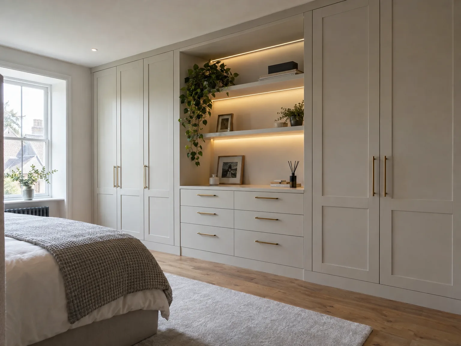 Fitted wardrobes with illuminated shelving, storage drawers and modern cabinetry