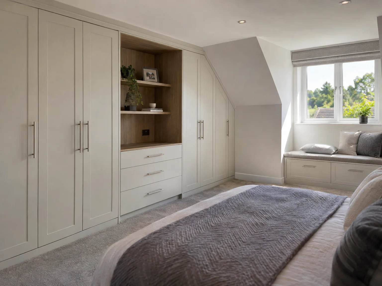 Sloped ceiling loft bedroom with custom-built white wardrobes, storage drawers and built-in shelving units