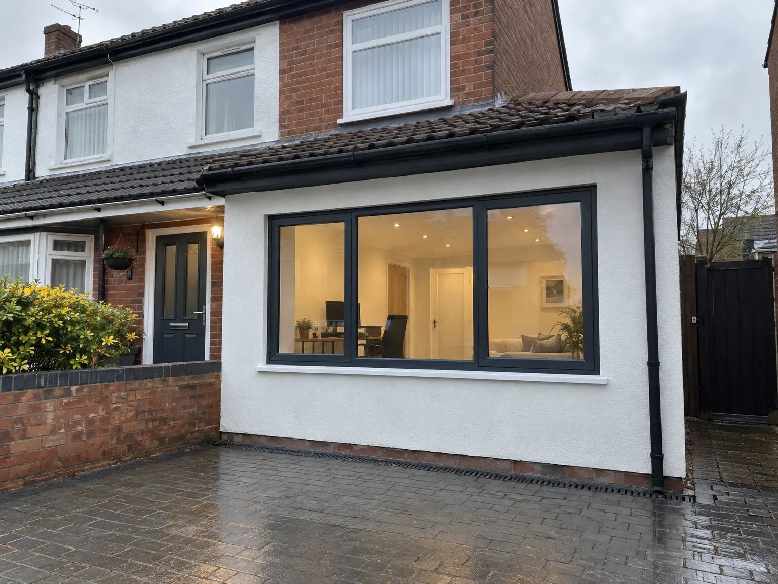House Extension with large black-framed glass doors and white rendered finish