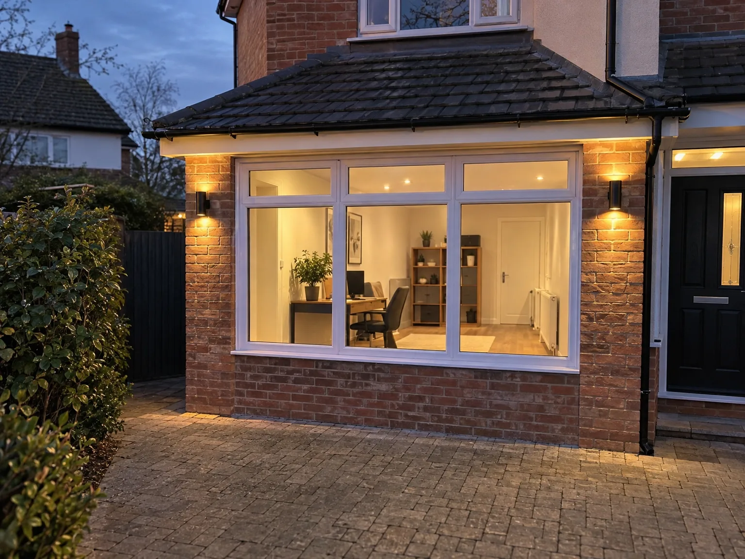 Modern glass-fronted house extension with brick detailing and integrated uplighting