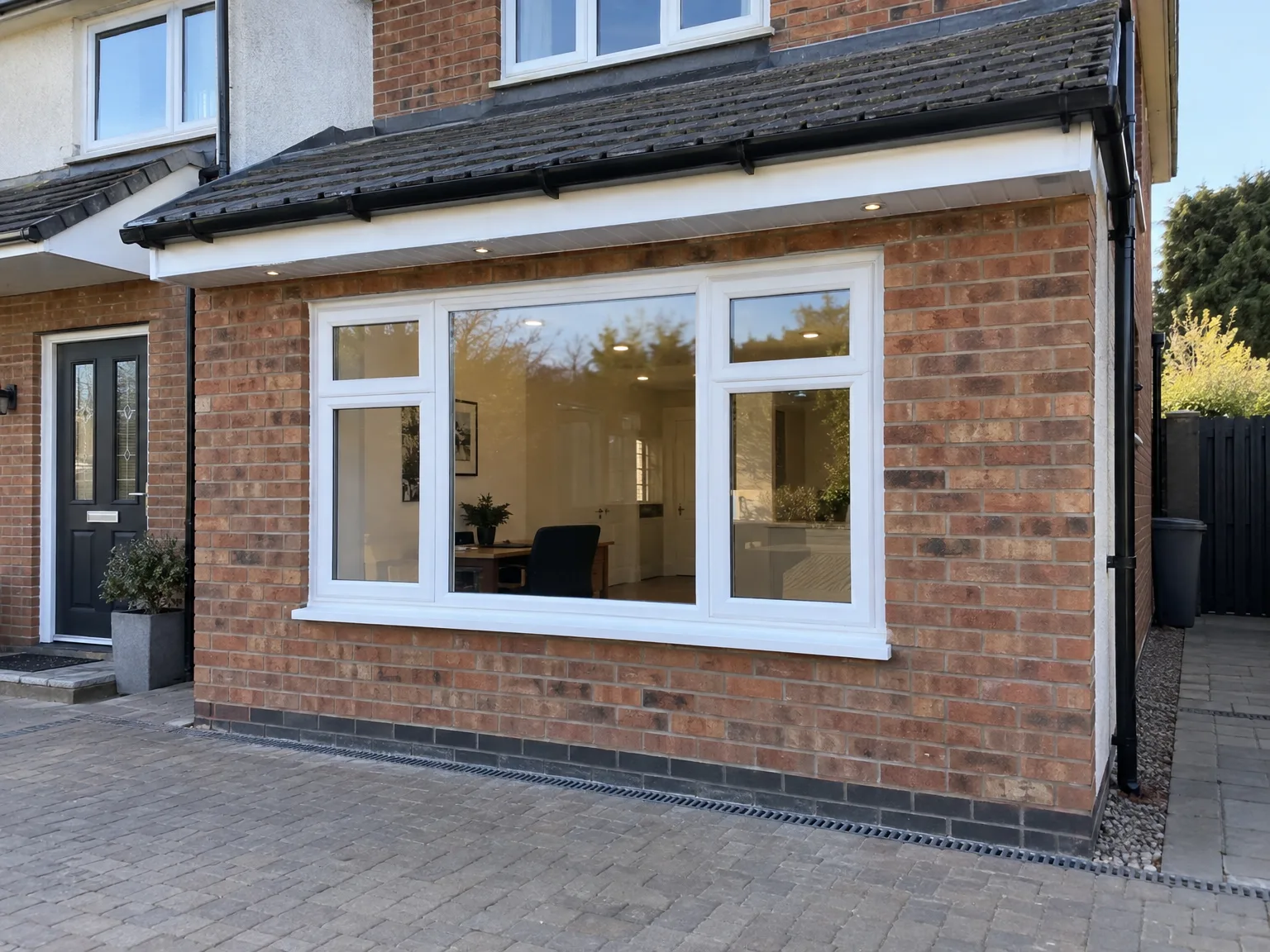 Modern brick house extension with large white framed windows and contemporary slate roof, concrete patio flooring