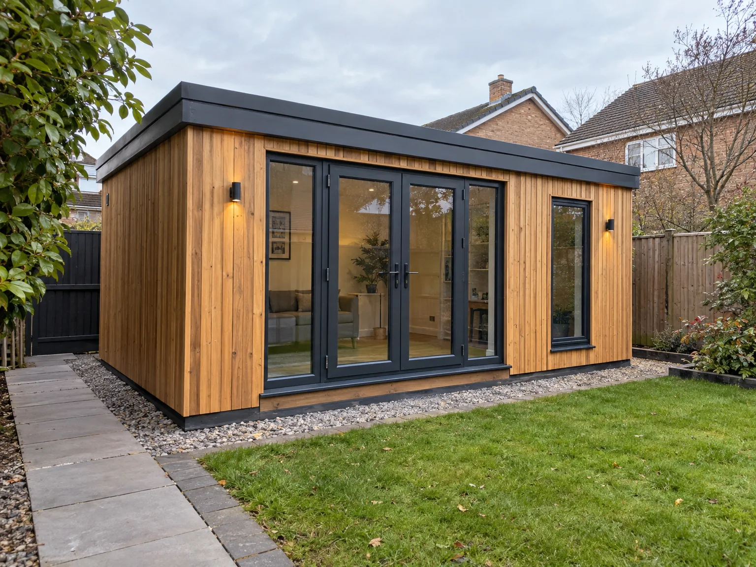 Contemporary garden room with natural timber cladding, large glazed bi-fold doors and full-width windows overlooking garden