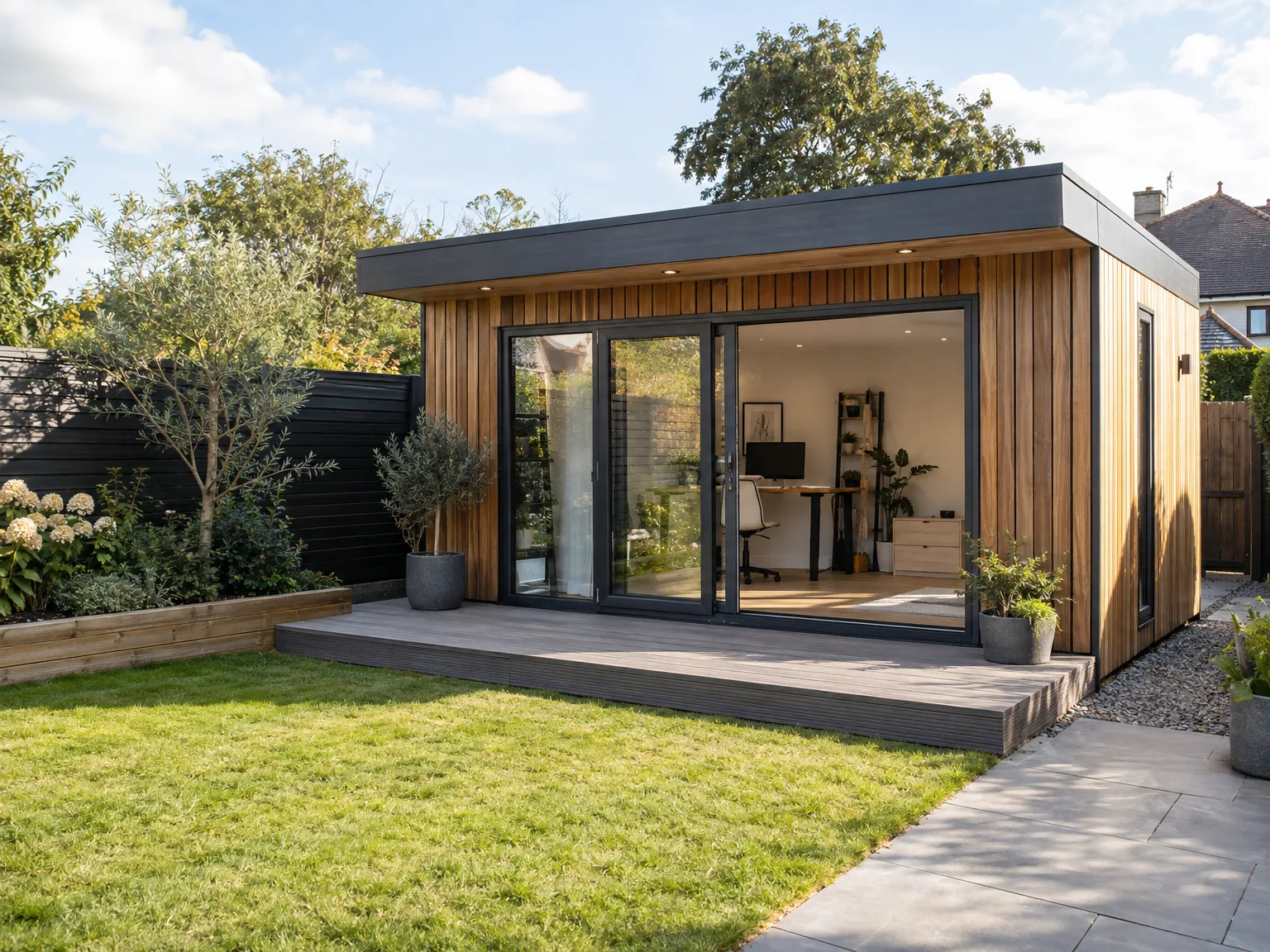 Contemporary garden room with timber exterior, expansive glazing and raised terrace