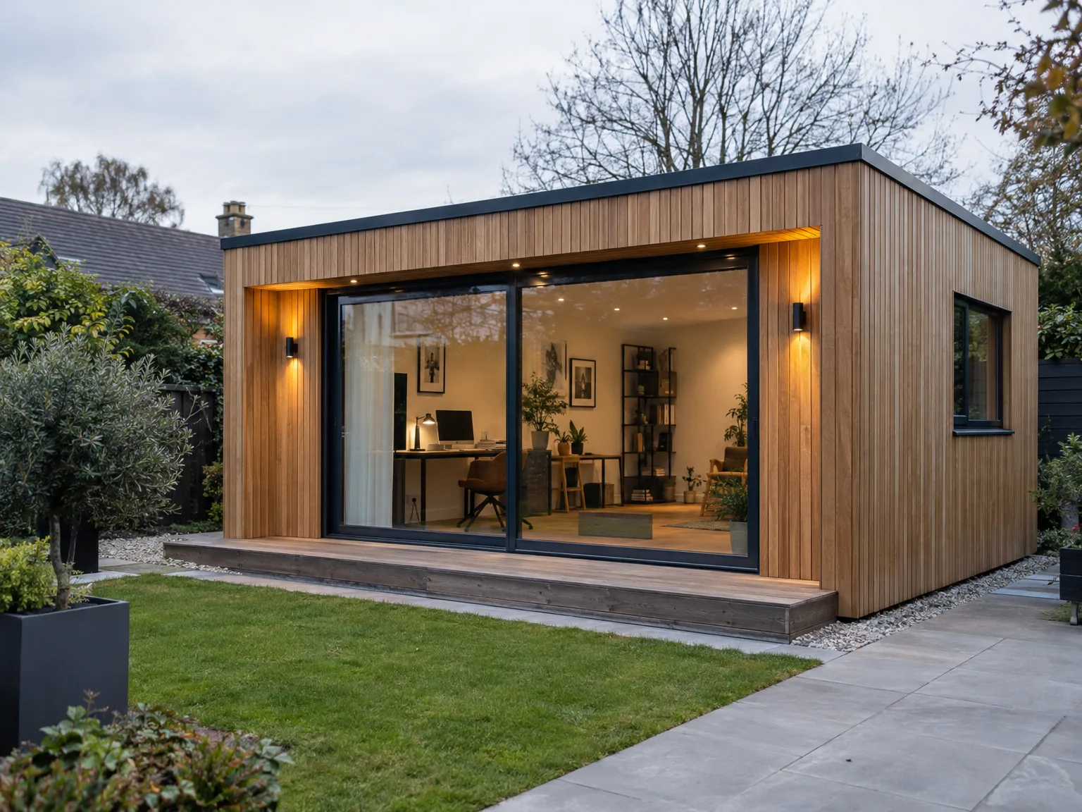 Modern garden room with timber exterior, large glazed doors, interior workspace lit by warm LED accent lighting
