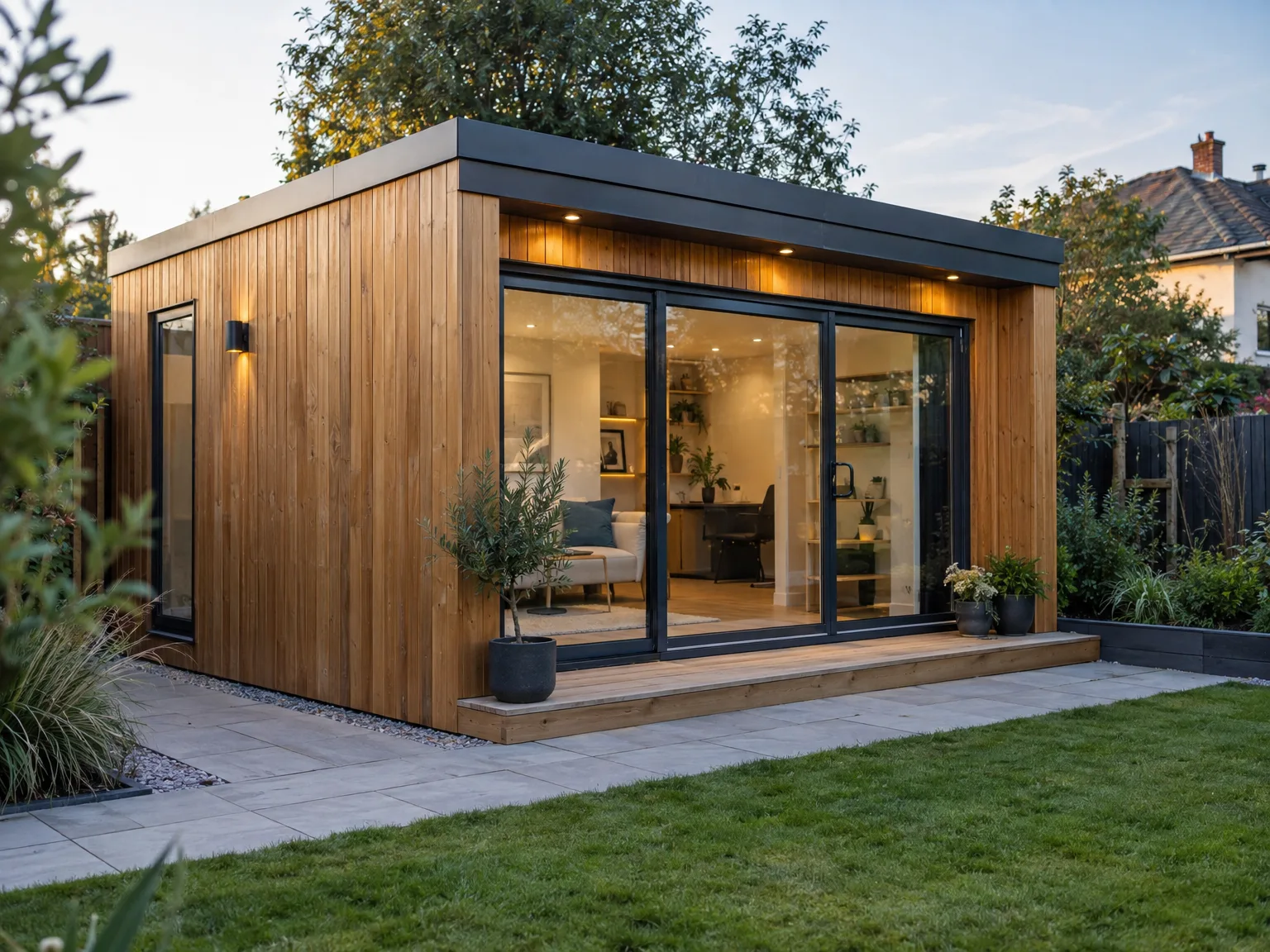 Modern garden room with timber cladding, large glass doors and timber deck