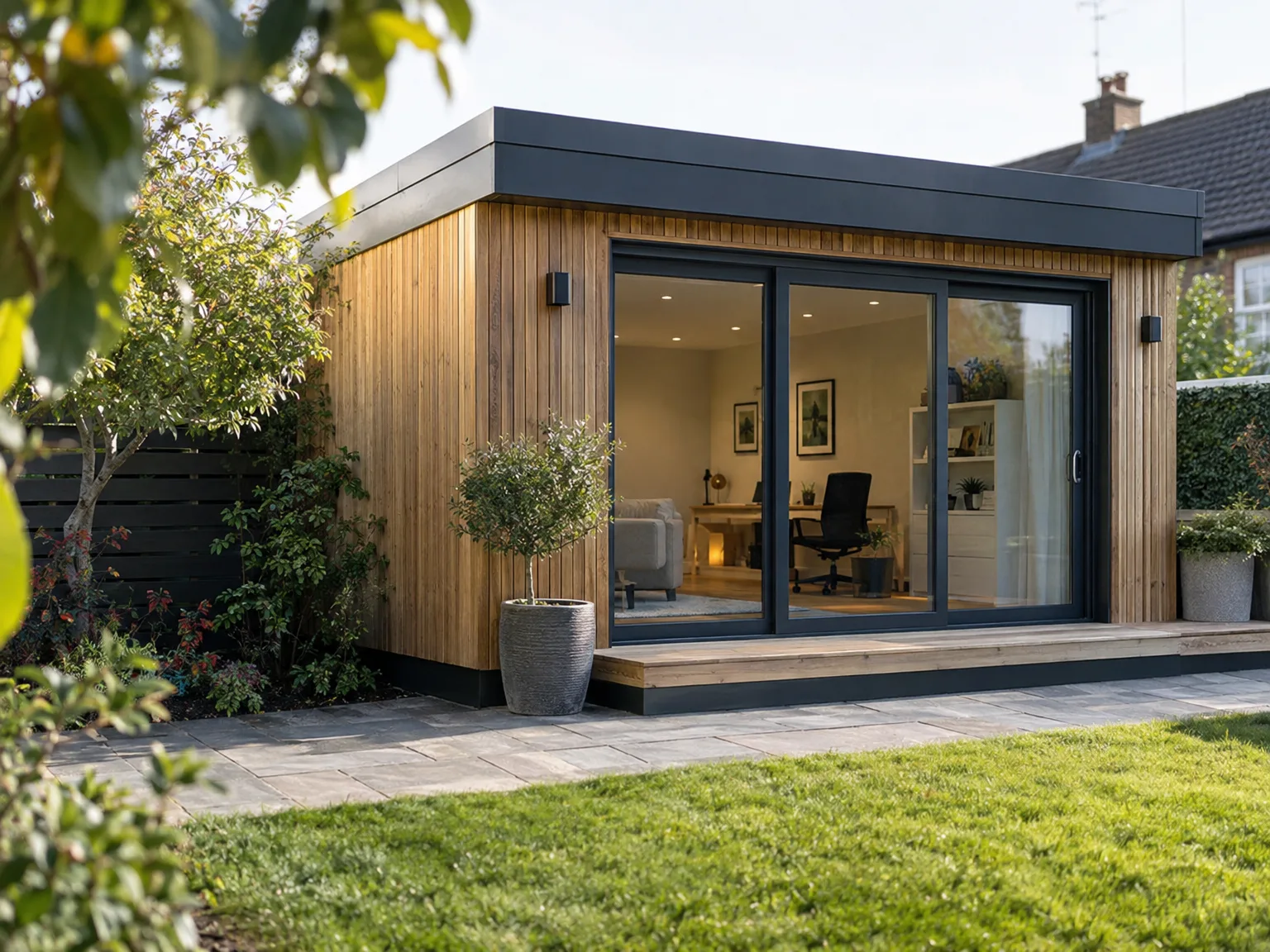 Modern timber-clad garden room with black sliding doors, office interior, wooden decking terrace, and landscaped garden setting