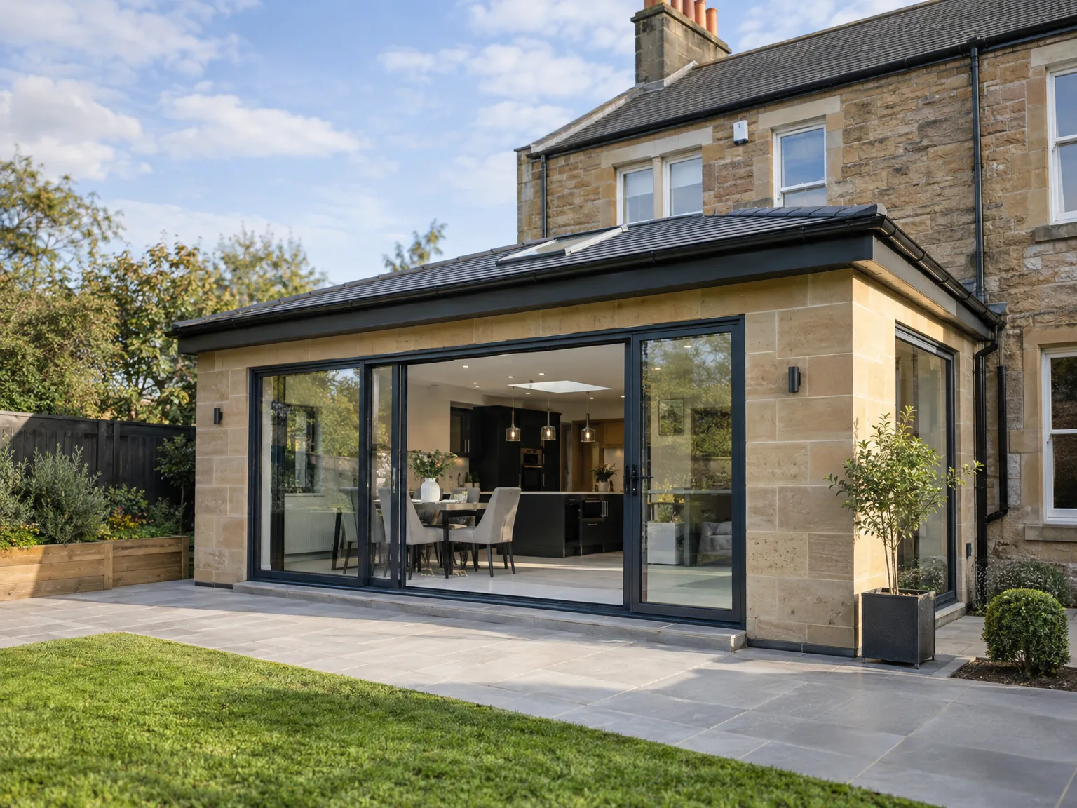 Modern house extension with large black-framed glass sliding doors, attached to traditional stone cottage