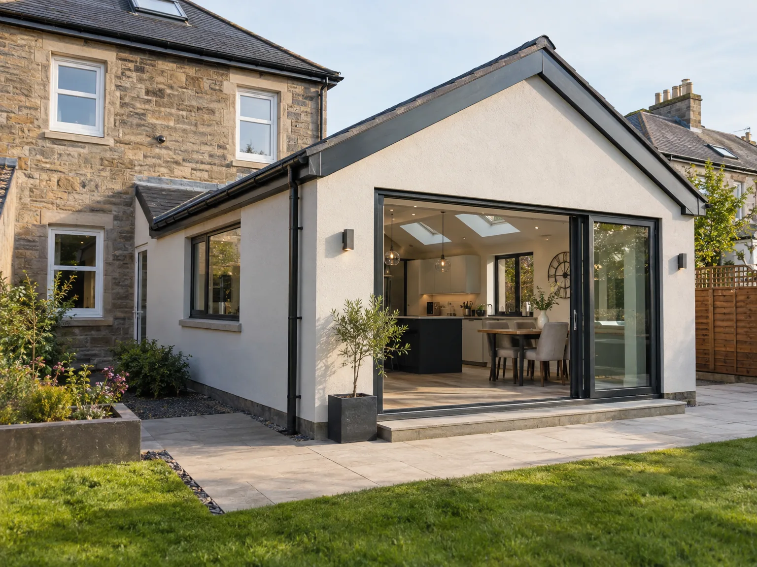 Modern house extension with black-framed bi-fold doors and white render attached to stone cottage