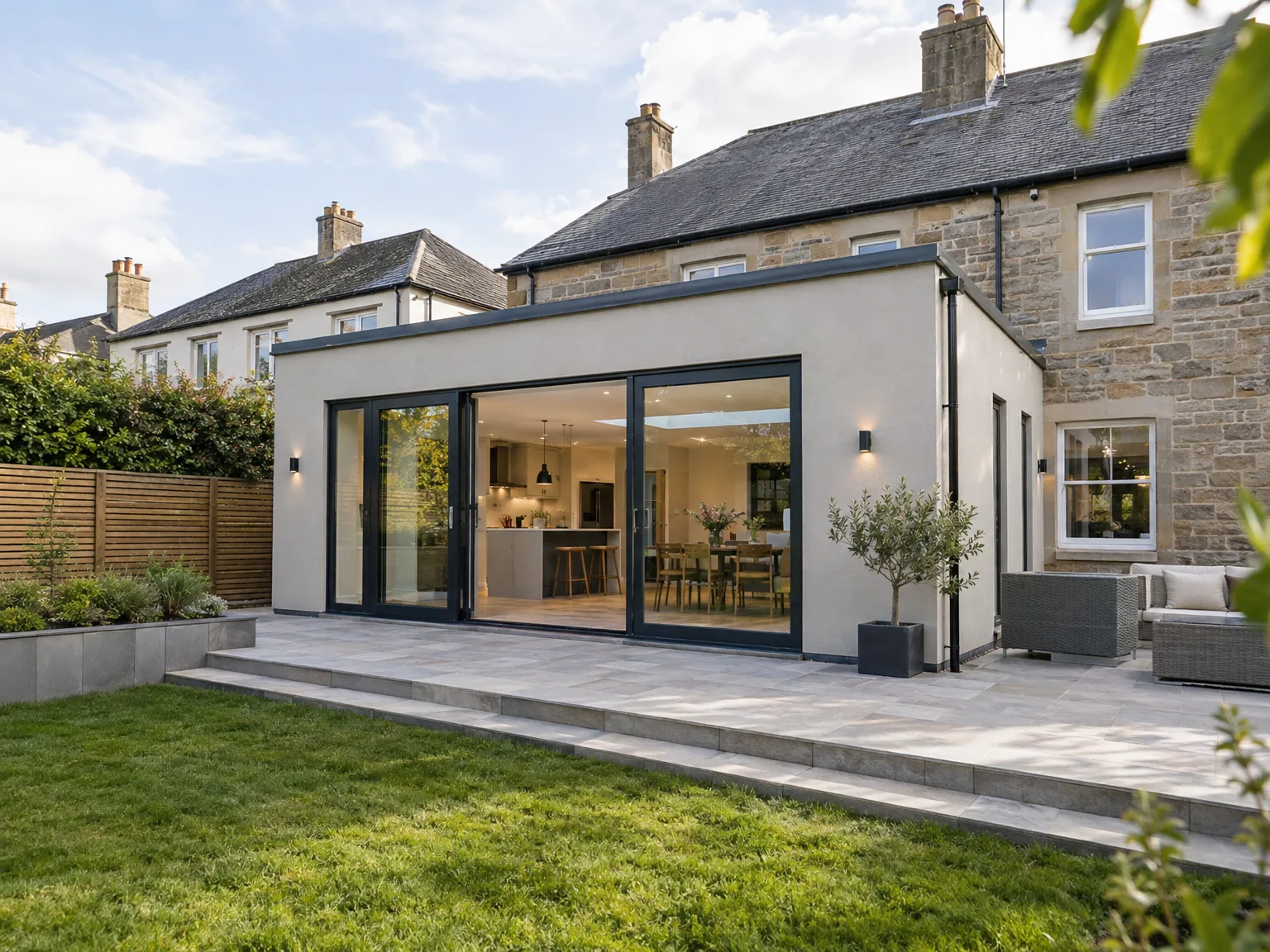 Modern house extension with large black bi-fold doors, patio and bright interior space attached to traditional stone home