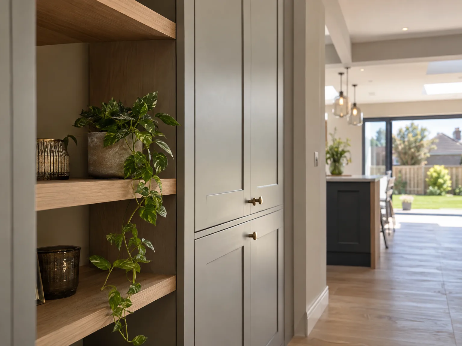 Bespoke fitted shelving with potted plant and decorative items in contemporary interior design