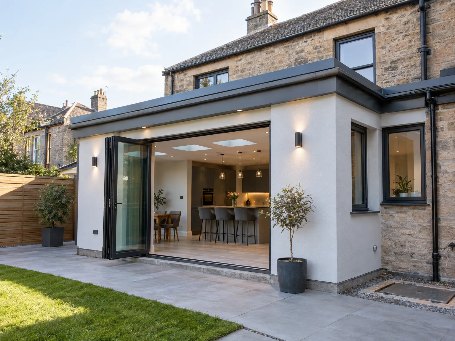 Modern house extension with white render, large bifold doors opening to fitted kitchen and living space