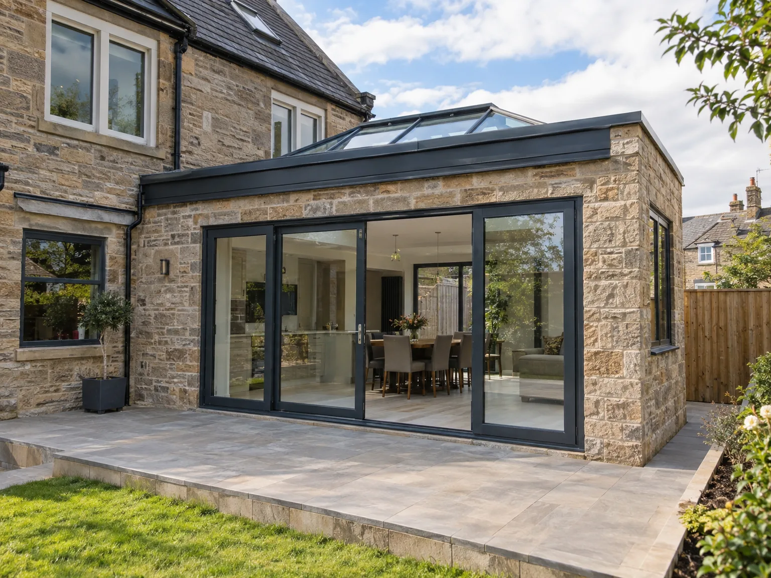 Stone house extension with black-framed windows, glass roof and paved patio