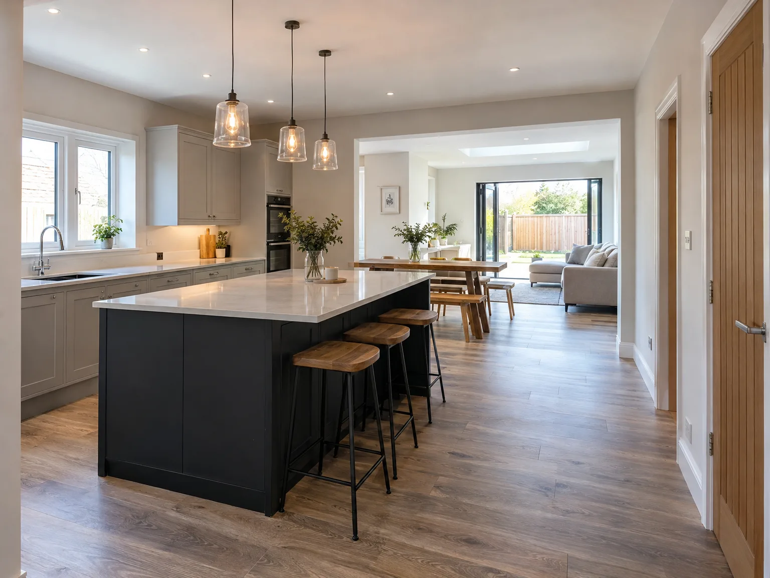 Modern kitchen with black island, white countertop and pendant lights opening to contemporary living space