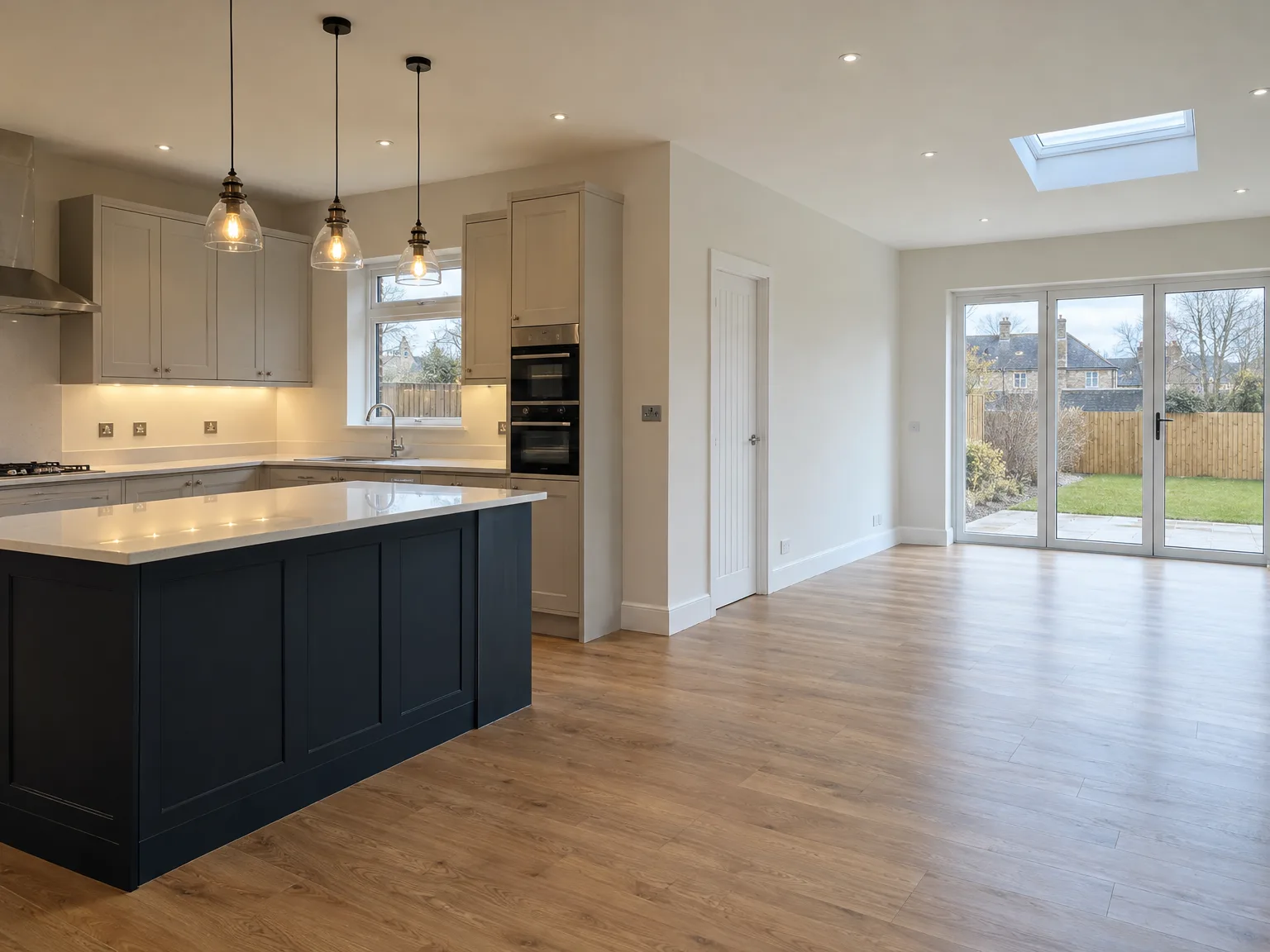 Modern kitchen fitting with black island unit, pendant lights and cream fitted cabinetry