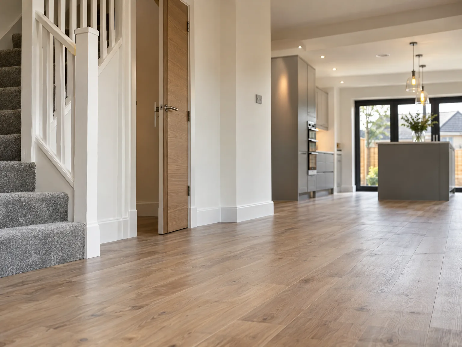 Open-plan interior featuring kitchen fit out, wooden flooring and contemporary finishes