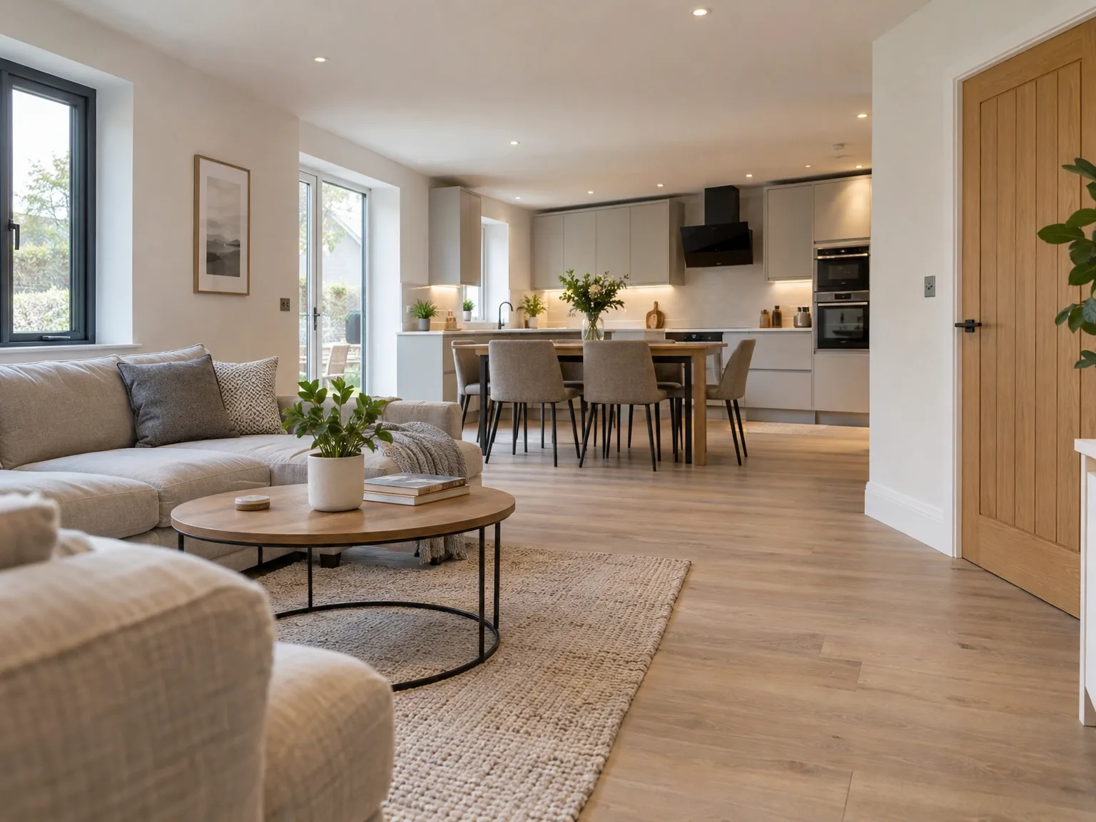 Modern open-plan interior with fitted kitchen, dining area, contemporary furnishings and oak flooring