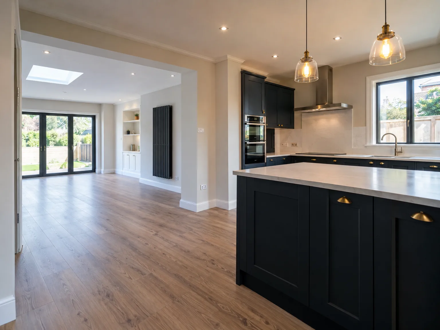 Contemporary kitchen fitting with dark cabinetry, light counters and open living space