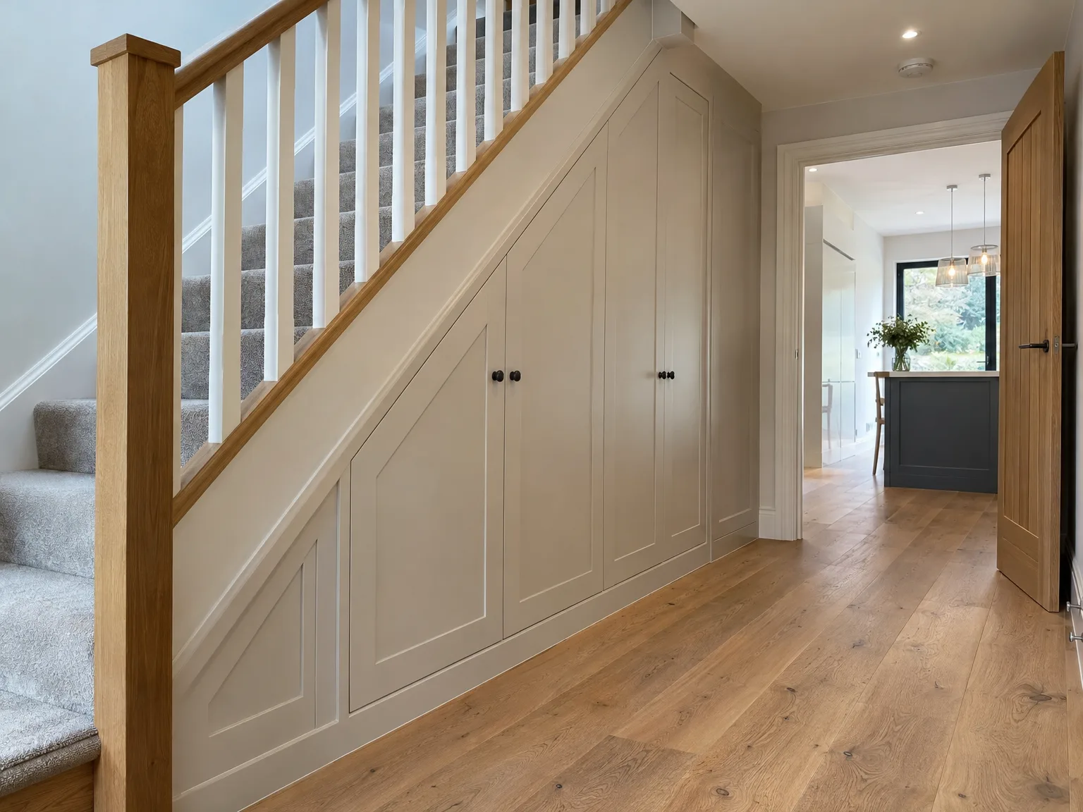 Fitted wardrobe built under wooden staircase with white balusters in modern hallway interior