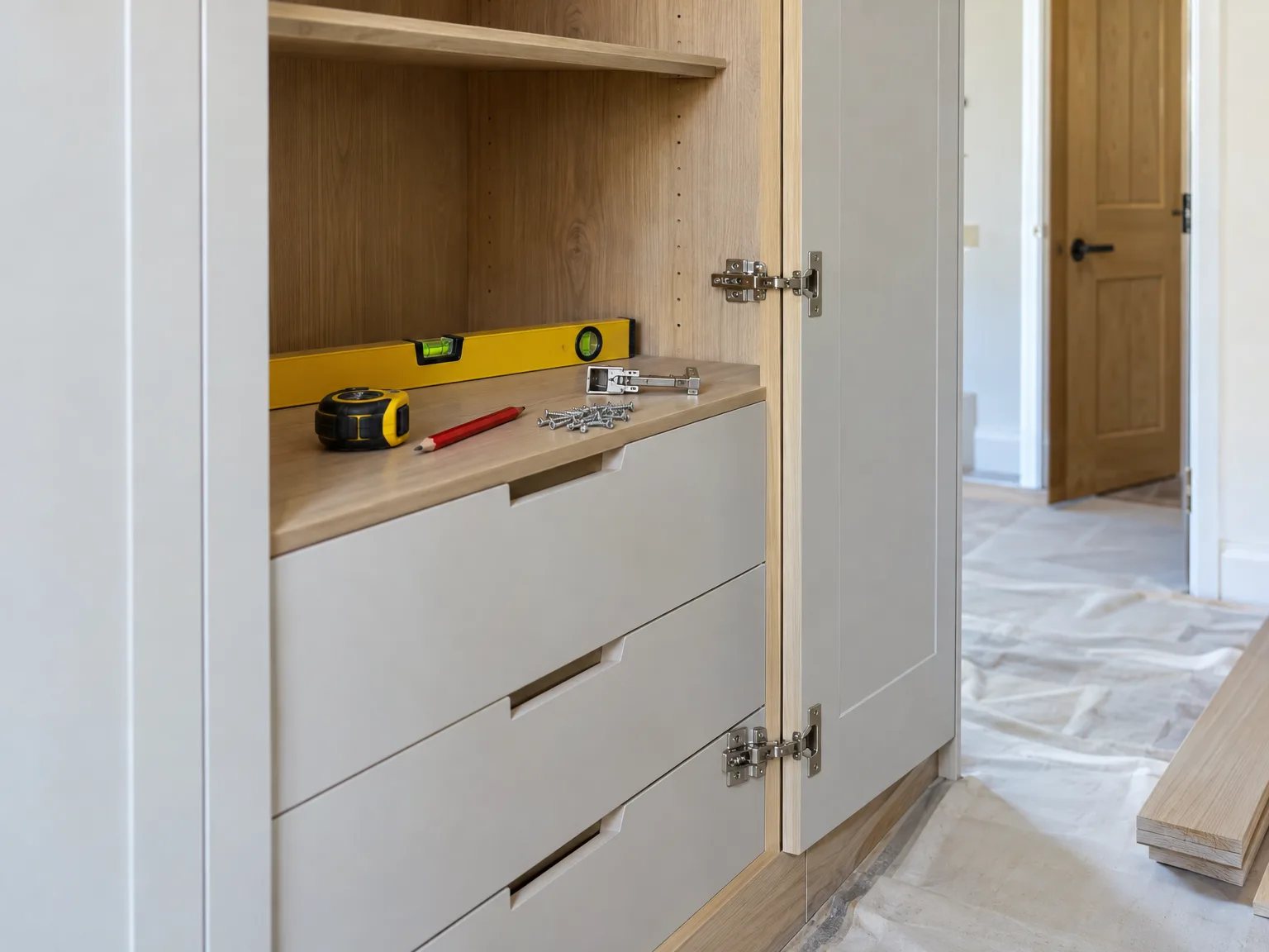 Fitted wardrobe cabinet with bespoke joinery and wooden shelving during installation in home interior