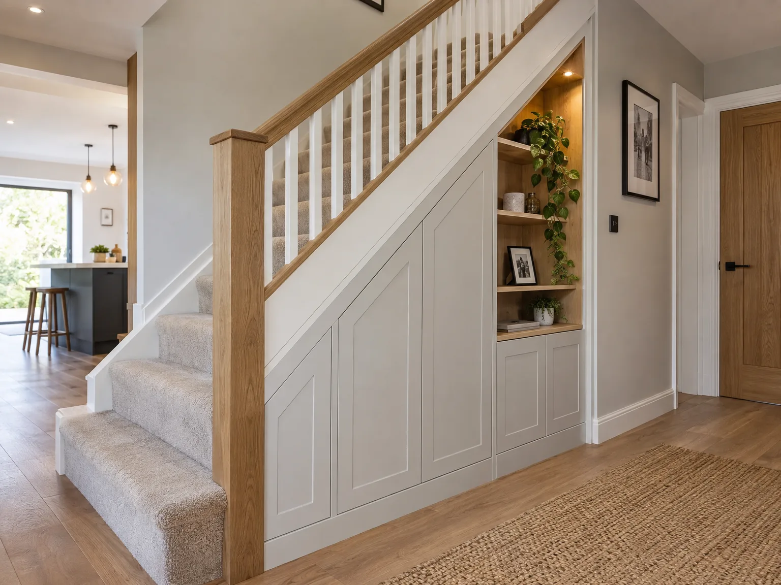 Bespoke joinery under staircase with white fitted storage and wooden shelves in bright modern hallway