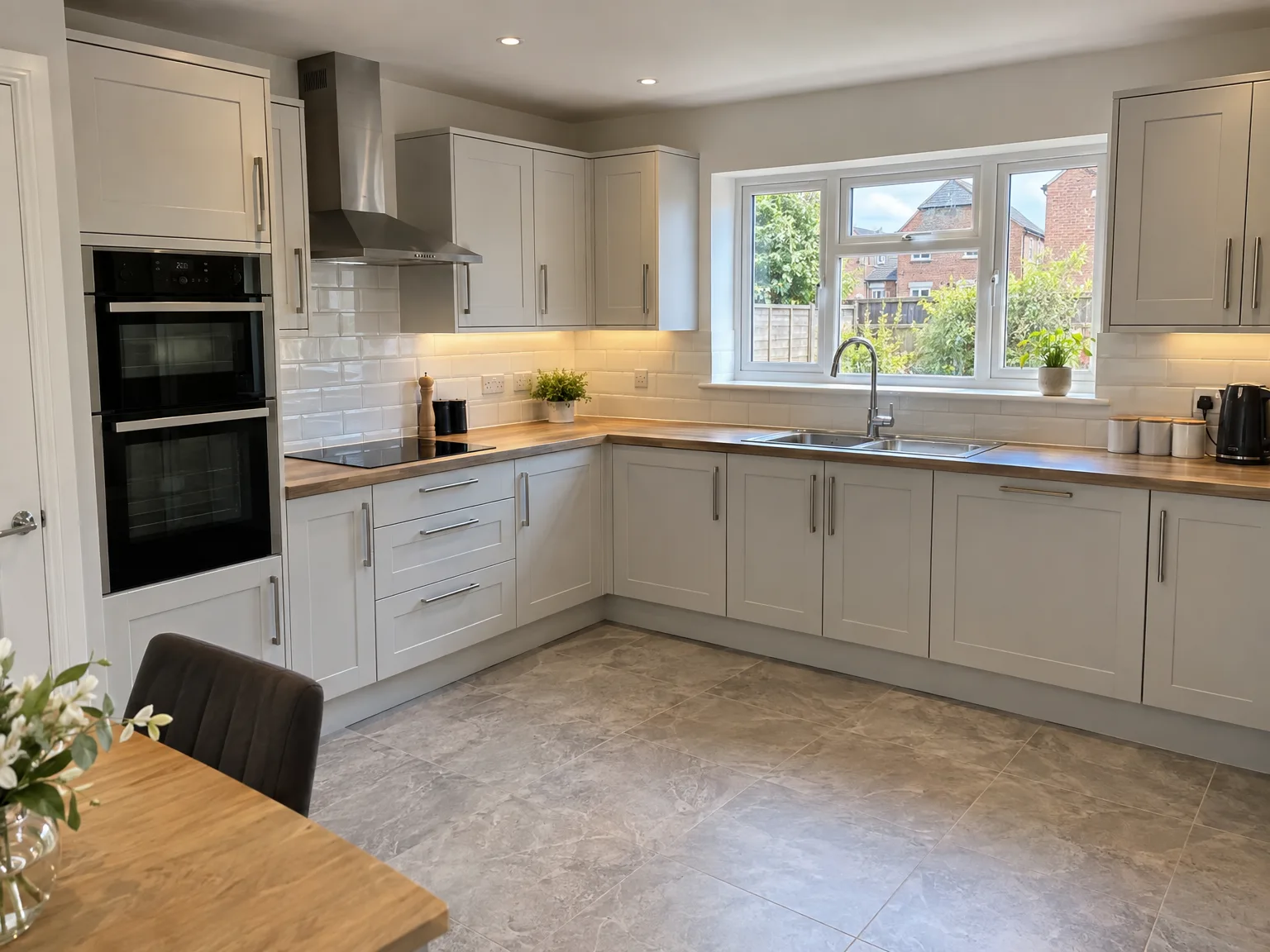 Contemporary kitchen with cream fitted cabinets, wooden worktops, dual integrated oven, and white metro tile backsplash