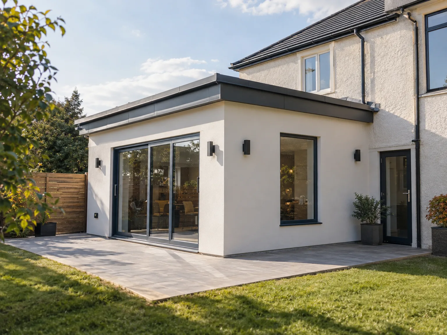 House extension with large sliding doors, white exterior walls and modern flat roof