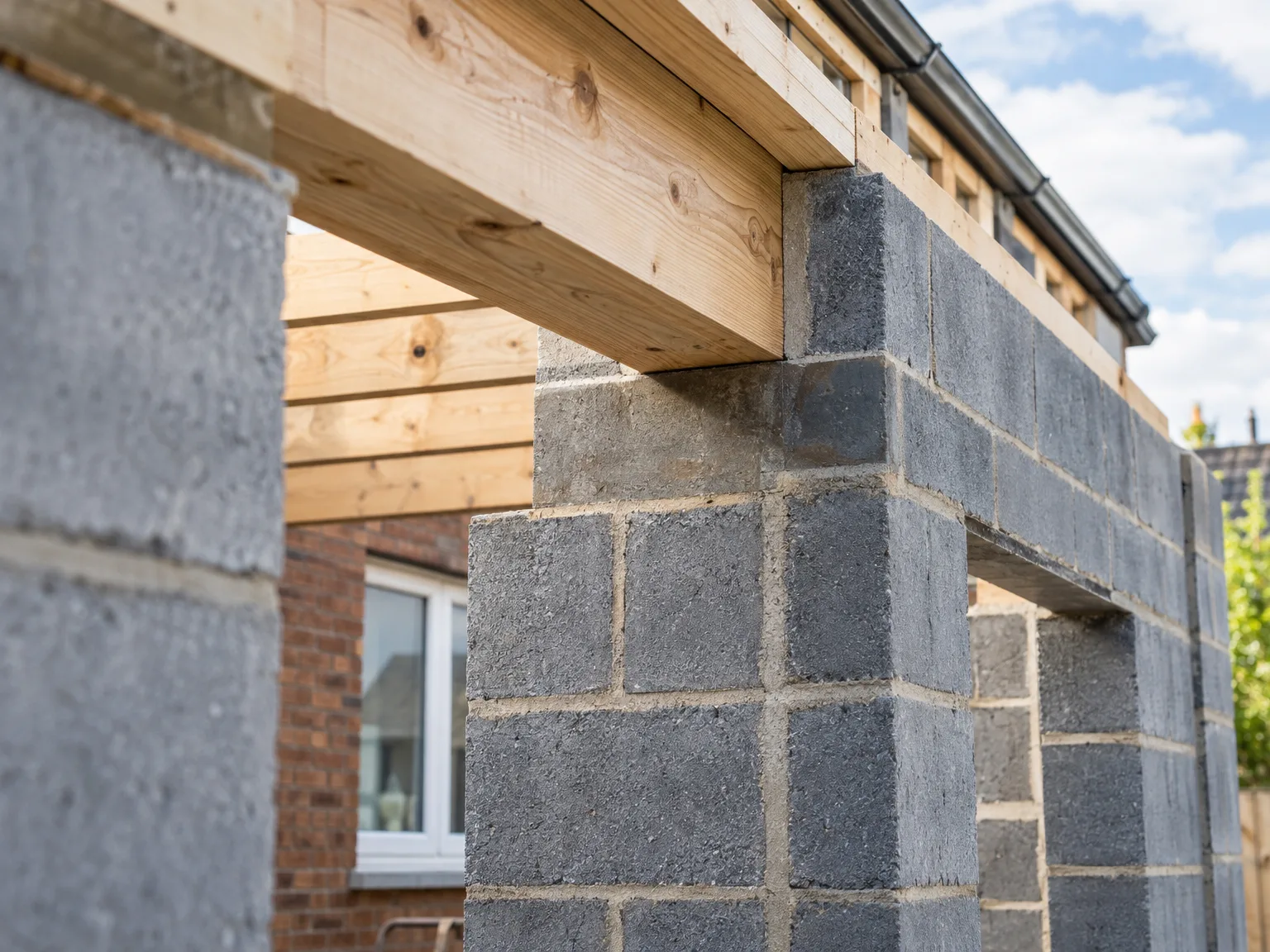 Wooden beam seated on stone block pier showing structural connection in new building construction