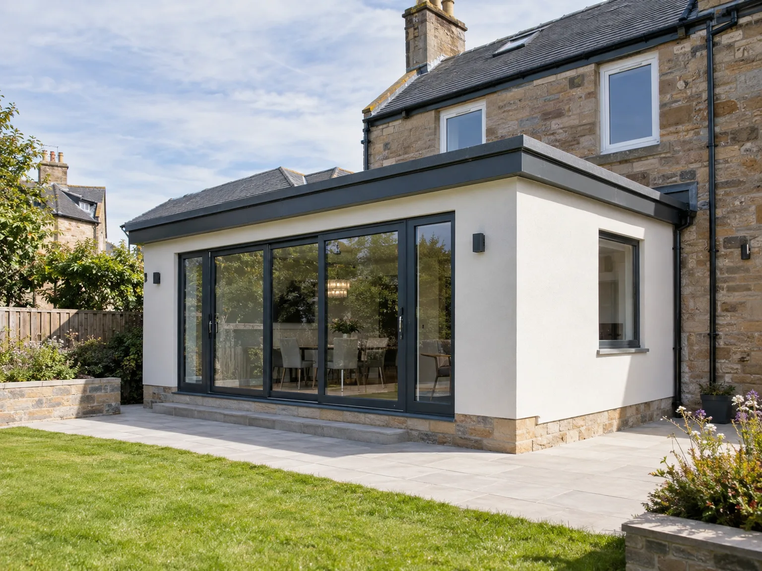 Contemporary house extension with large dark-framed windows, white walls and stone base attached to home