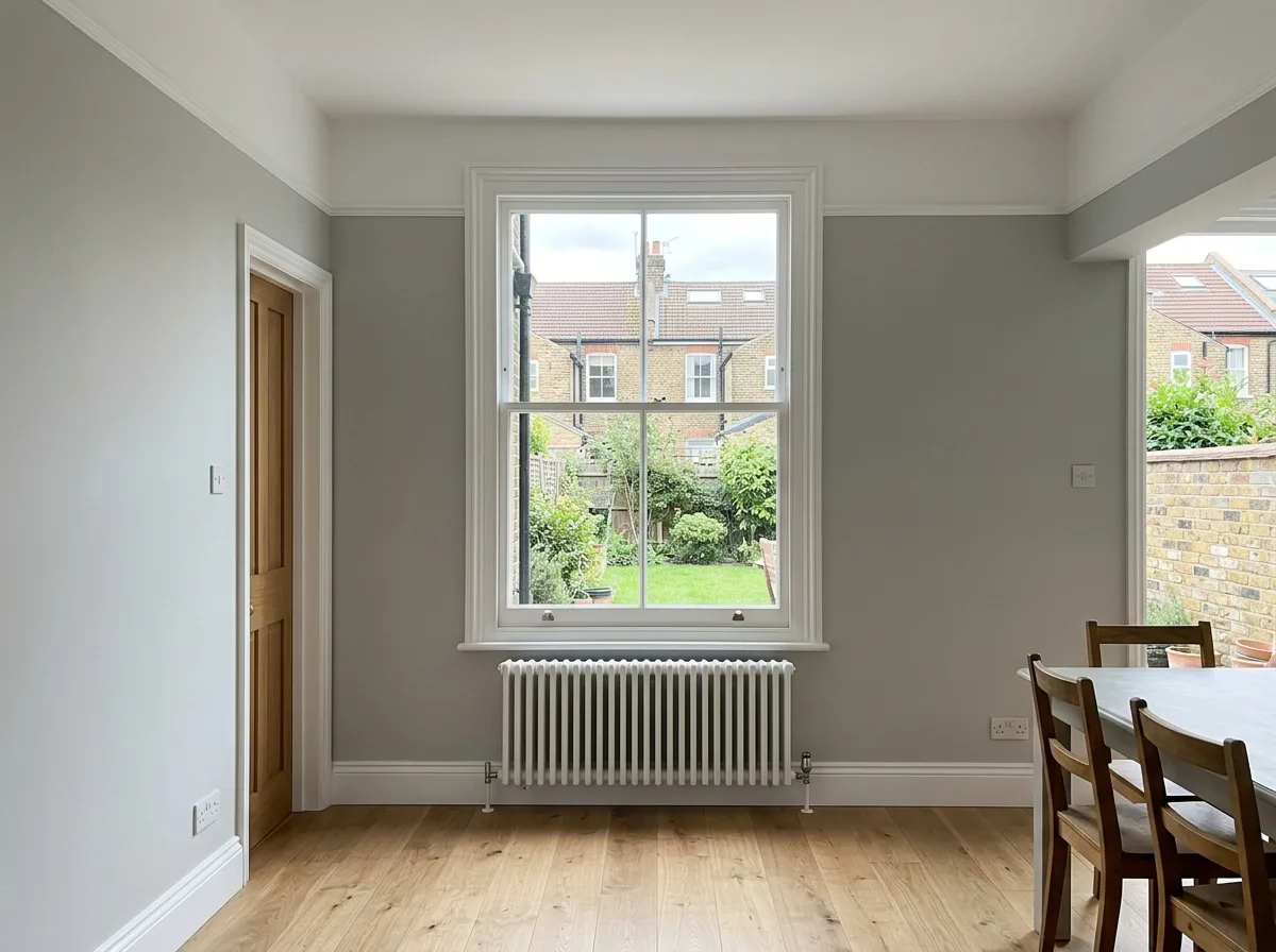 Renovated living room with grey walls, period sash window, wooden flooring and traditional radiator