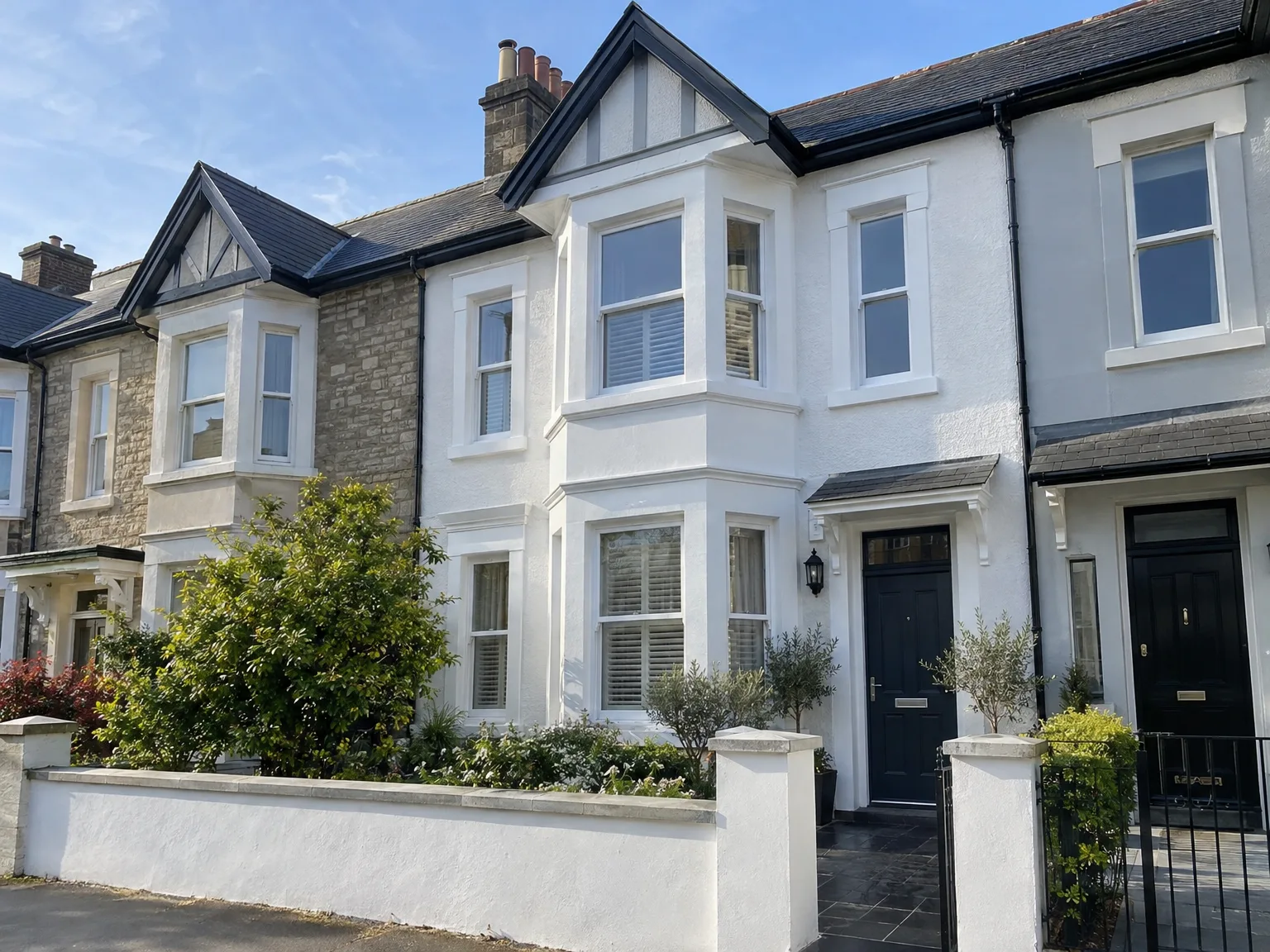 Renovated terrace showing white painted facade, large timber-framed windows and slate roof