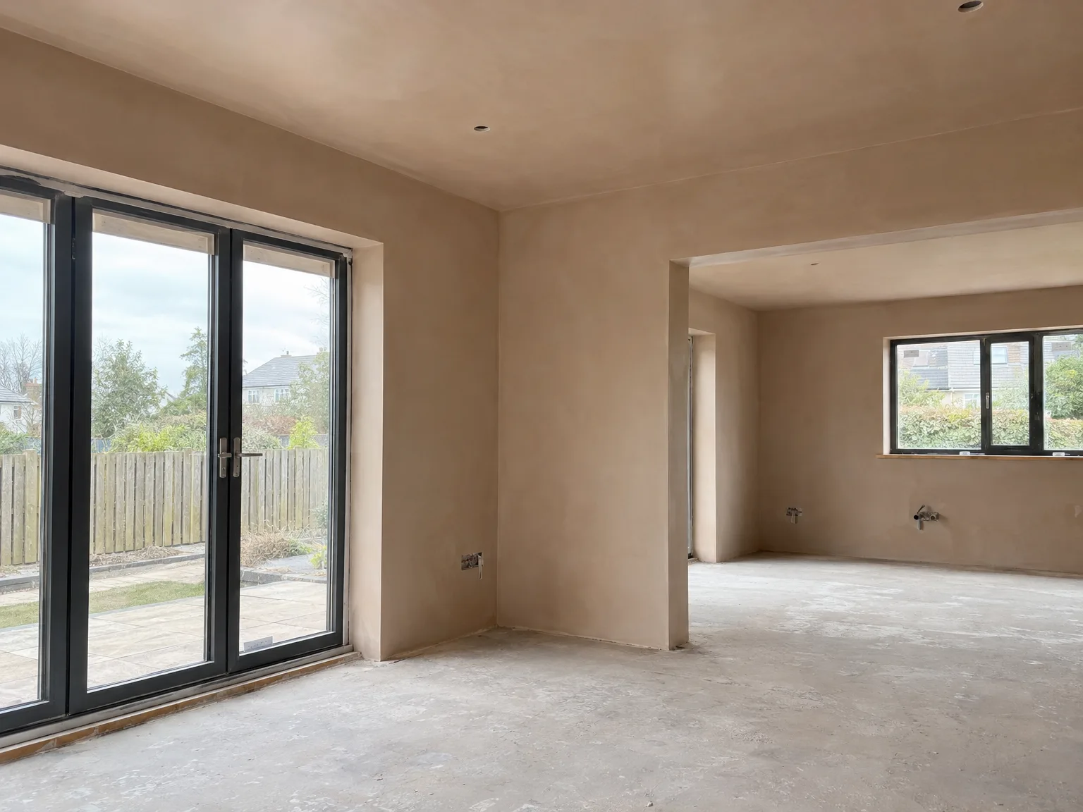 Modern interior renovation with patio doors and open-plan layout during house renovation