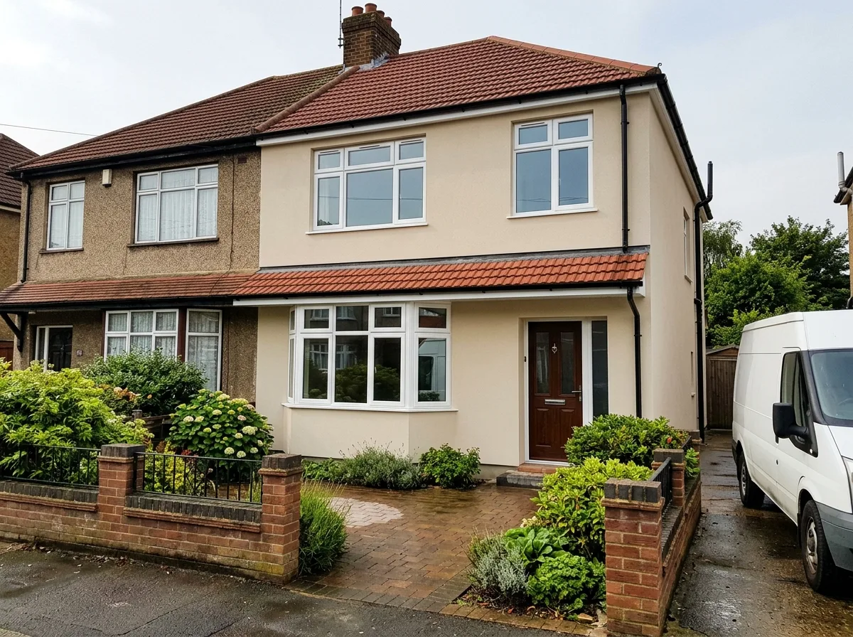 House extension with new cream facade, large windows and contemporary rendering alongside original brick property