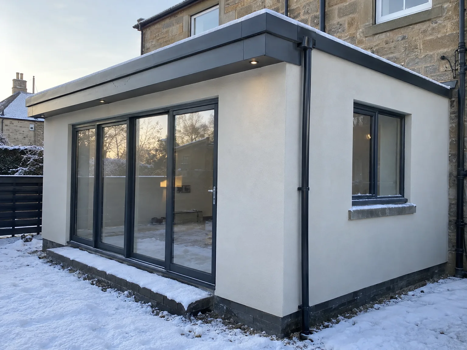 Modern white-clad house extension with large black-framed sliding doors and flat roof