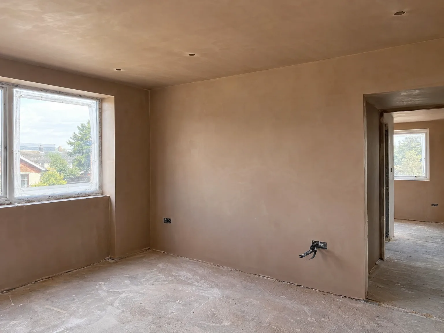 Freshly plastered interior space with new ceiling during house renovation work
